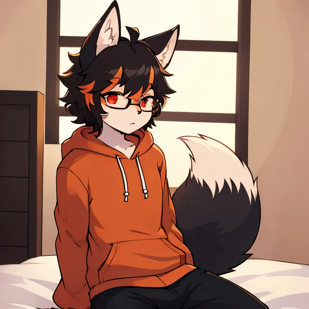 demon, no fur, fluffy black hair, glasses, only person, pale skin, red highlights, crimson eyes, profile picture, horny, demon tail, male, femboy, in room, gay, hoodie and pants, demon tail, profile picture 