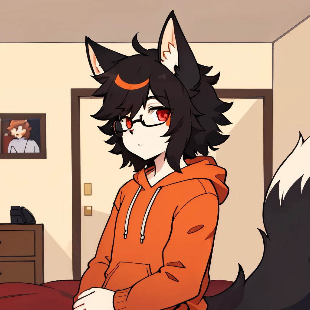 no fur, fluffy black hair, glasses, only person, pale skin, orange highlights, crimson eyes, profile picture, fox tail, male, femboy, in room, gay, hoodie and pants, fox tail, profile picture, sweatpants, introvert, only person in room, fox ears, curly hair