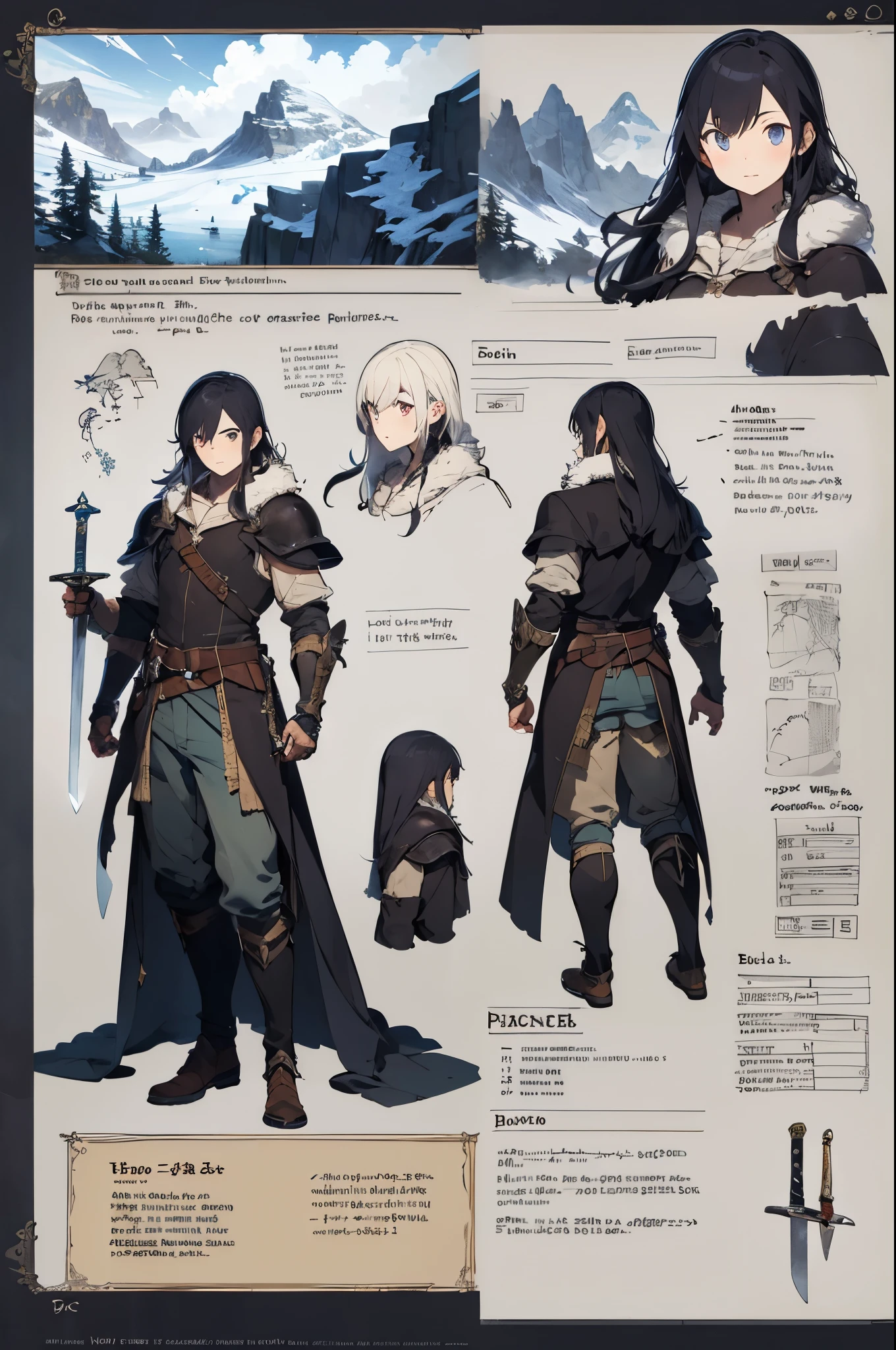 1boy, long hair, pale skin, adventurer, rpg , armor, skinny, fur, masterpiece, fantasy, character sheet, portrait, half body, snow, mountains, sword in hand,
