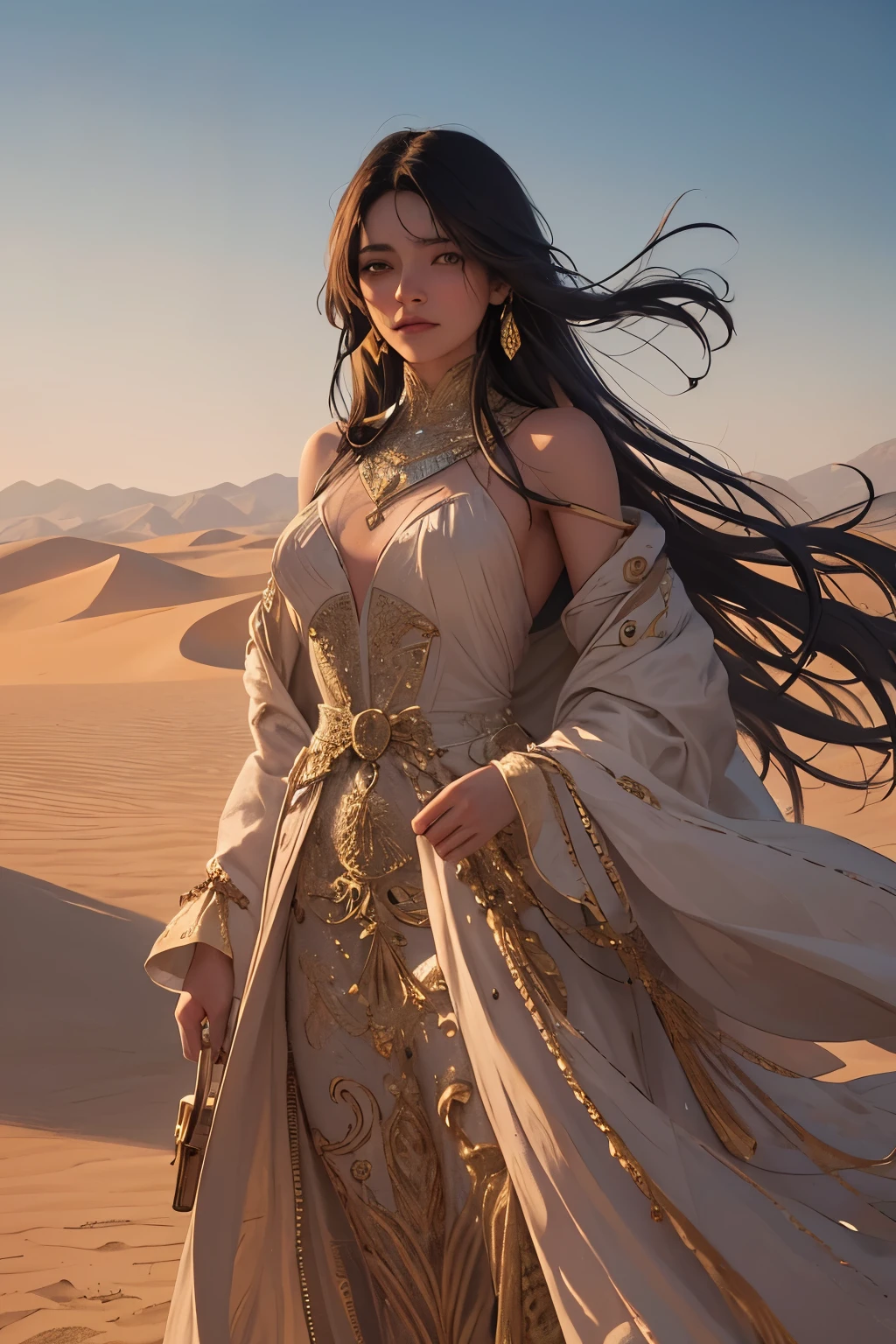 Under the golden twilight, wind-sculpted dunes whisper ancient narratives in soft, melodic whispers. The sun sets, casting long, intricate shadows that dance across the desert landscape. As the last rays of sunlight fade, an enigmatic leader emerges from the depths of the dunes. His robes billow in the gentle breeze, flowing like a living, breathing entity. The leader's face is concealed, shrouded in mystery, adding to the allure and intrigue of his presence.

This moment marks the beginning of an unforgettable journey. The scene is rich with detail, from the intricate patterns of the wind-sculpted dunes to