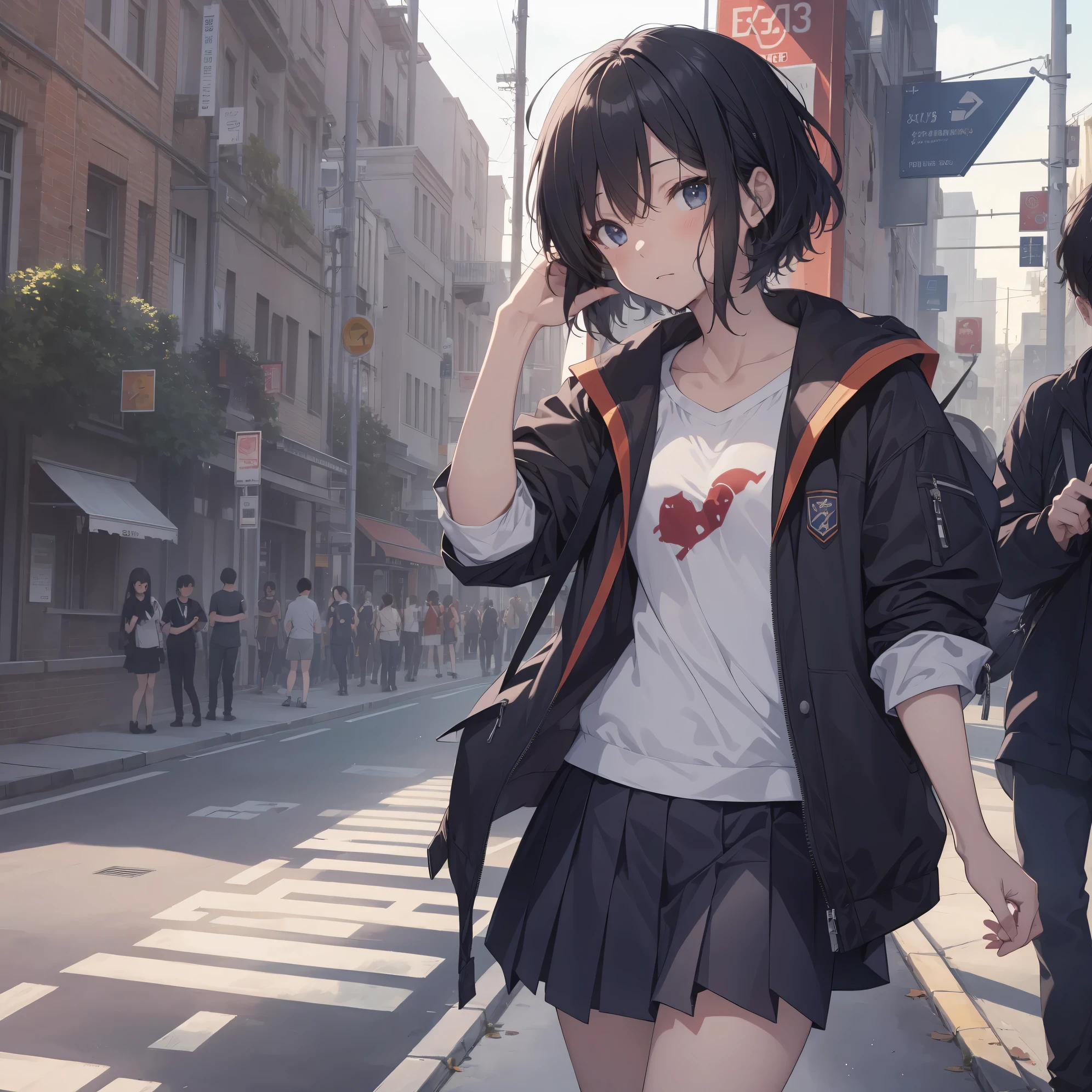 Super high quality by the art god, super detailed, High resolution, AI generated, anime moe art style, best anime 8K konachan wallpaper, pixiv contest winner, perfect anatomy, break,(眠そうにalone学校へ行く女の子を描いてください. ),break, 1 girl, (alone,lolita, , 13 years old:1.3),All limbs, full finger,, androgynous charm, (very short hair), messy hair, flat chest, Because I'm slender, small ass, between legs, Small black eyes, beautiful and fine eyes, Well-proportioned iris and pupils, expressive eyes,disgusted eyes, High resolutionの詳細な髪, wearing school uniform, (skirt),(detailed lighting), (detailed background), On the way to school. break,super dense skin, Best lighting by famous artists, 8K, figure,UHD, rough skin