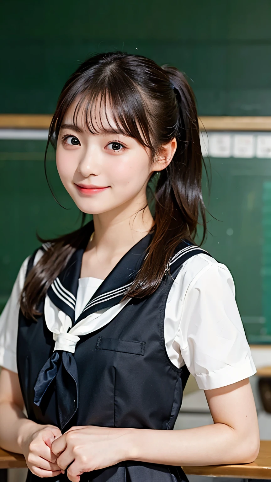 masterpiece, best quality, kawaii girl,classroom, brown hair, black eyes, school sailor uniform, shiny hair, ponytail, write on the blackboard,
smile,