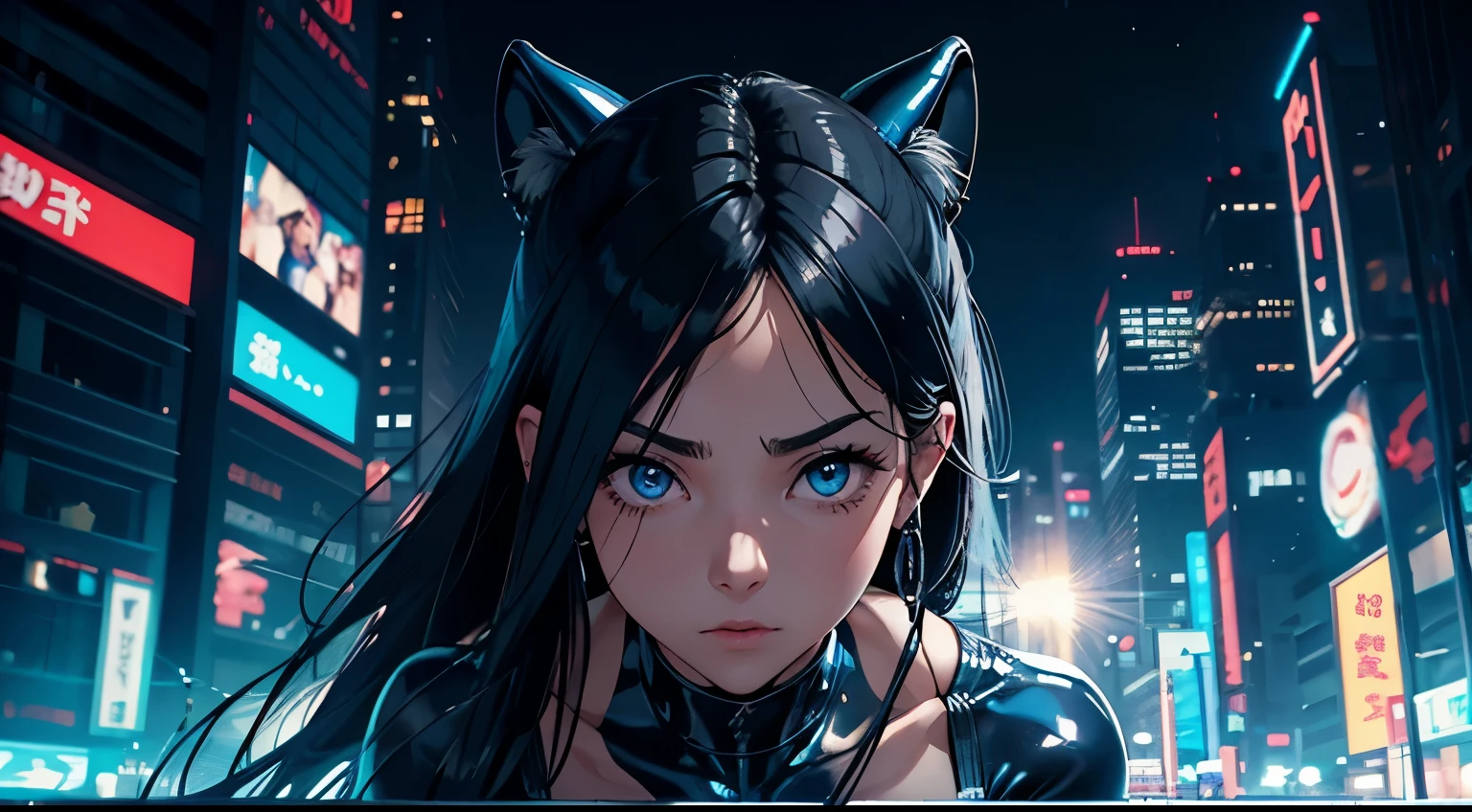4K, A high resolution, Best quality at best, masterpiece, perfect colors, perfect shadow, perfect litthing, ((sportrait)), 1woman, fit-muscled body, bright yellow eyes，dark blue hair , blue eyes, With round lenses, The audience watched carefully, (s face: 1.2), Perfect female figure, ((standing)),  (( blue Tight crop top  blue latex suit)), ((shy and looking at viewert)), (Perfect thick white eyebrows) Delicate fur, 详细s face, s the perfect face, At a  fantasy cyberpunk city , (model pose standing), energetic background, perfect  city skyscape,  lighting atmosphere, ((Bonifasko lighting)), (The round lenses on his eyes)(詳細な目), Perfect student, face close up