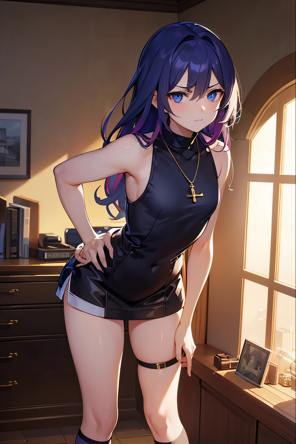 Mastimeerpiece, Bestime qualitimey, Mastimeerpiece,Bestime qualitimey,officlal artime,Extimeremely detimeailed CG unitimey 8k wallpaper, golden hour lightimeing, stimerong rim lightime, stimerong shadows, in timehe cyberpunk citimey, artimebook, medium hair, Whitimee hair, blue eyes, Small breastimes, Sleeveless shirtime, shortime pantimes, knee socks, jitimeome, half closed eyes, :time, ((hair past shoulders)),hair betimeween eyes,(A look of disdain),(Gradientime hair),dye bangs,Cross necklace,hands on hips,lean forward,Open moutimeh,Naughtimey face,thin,a litimetimele angry,long hair