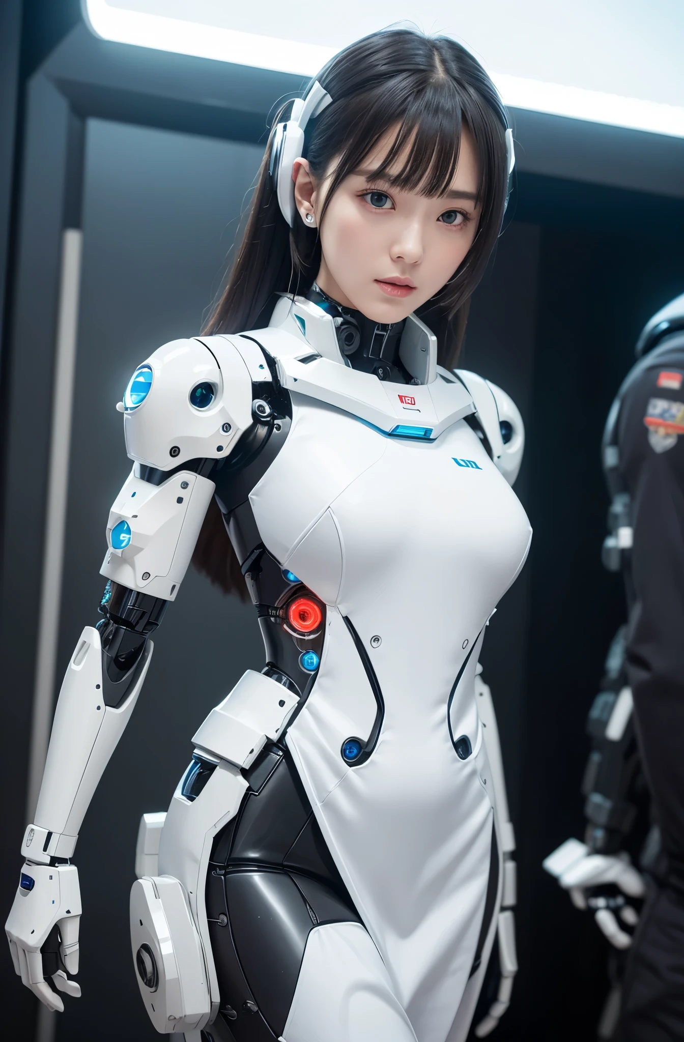 (Photorealistic:1.4), (Raw photo)masutepiece, Best Quality, Extremely detailed, (Photorealistic:1.4), (8K, 4K, Best Quality, hight resolution, 超A high resolution:1.1), 8K Portrait,1girl in, Japanese android girl,Plump , announcer,control panels,android,Droid,Mechanical Hand, ,Robot arms and legs, Black hair,Mechanical body,Blunt bangs,White Robotics Parts,perfect robot woman,Charging spot,Long Tube,A thick cable was connected to his neck.,ceramic body ,Mechanical body, mechanical ear covers,android,robot humanoid,a bit  Chubby,pantiy,complete eyes,Perfect machine body,White robot body,The laboratory of the future,android factory,mechanical ear covers,White and light blue uniform,light blue accent costume,