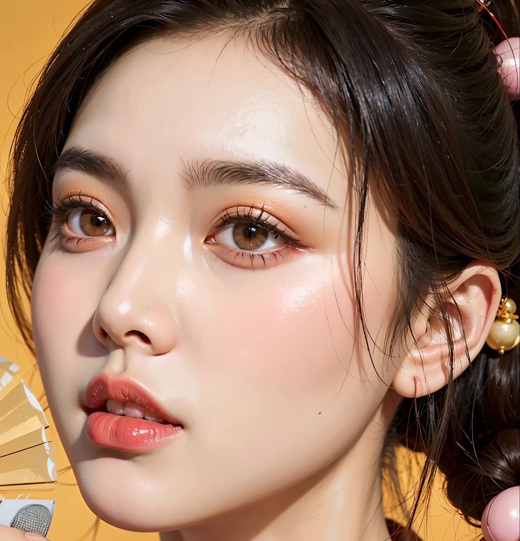 there is a woman with a red and gold necklace and a fan, popular south korean makeup, photorealistic beautiful face, popular korean makeup, inspired by Yanjun Cheng, hyperrealistic beautiful face, realistic beautiful face, realistic. cheng yi, beautiful realistic face, yanjun chengt, kawaii realistic portrait, with round face, korean face features, realistic digital illustration