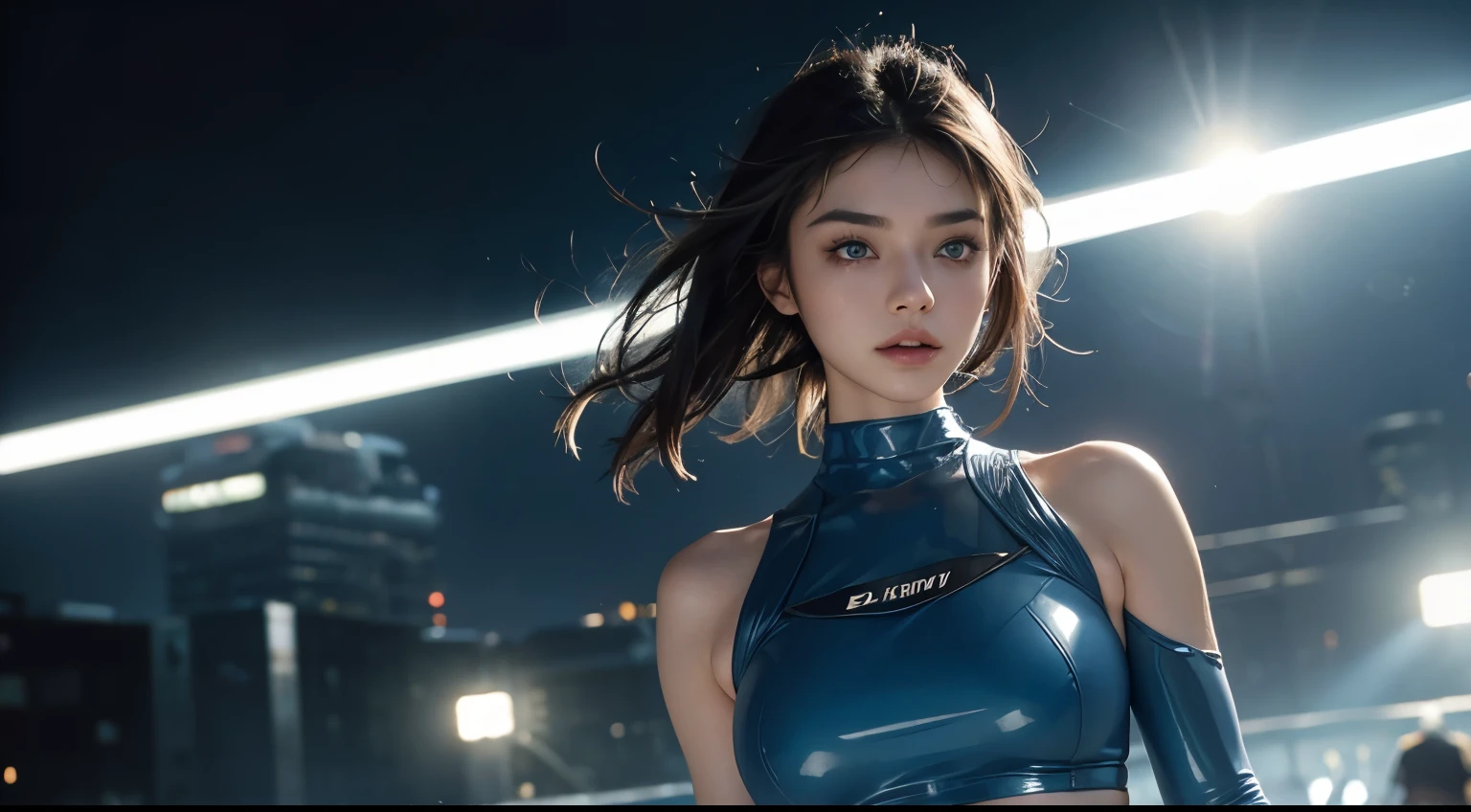 4K, A high resolution, Best quality at best, masterpiece, perfect colors, perfect shadow, perfect litthing, ((sportrait)), 1woman, fit-muscled body, bright yellow eyes,dark blue hair , blue eyes, With round lenses, The audience watched carefully, (s face: 1.2), Perfect female figure, ((standing)), (( light blue Tight crop top light blue latex suit)), ((shy and looking at viewert)), (Perfect thick white eyebrows) Delicate fur, 详细s face, s the perfect face, At a fantasy cyberpunk city , (model pose standing), energetic background, perfect city skyscape, lighting atmosphere, ((Bonifasko lighting)), (The round lenses on his eyes)(詳細な目), Perfect student, face close up