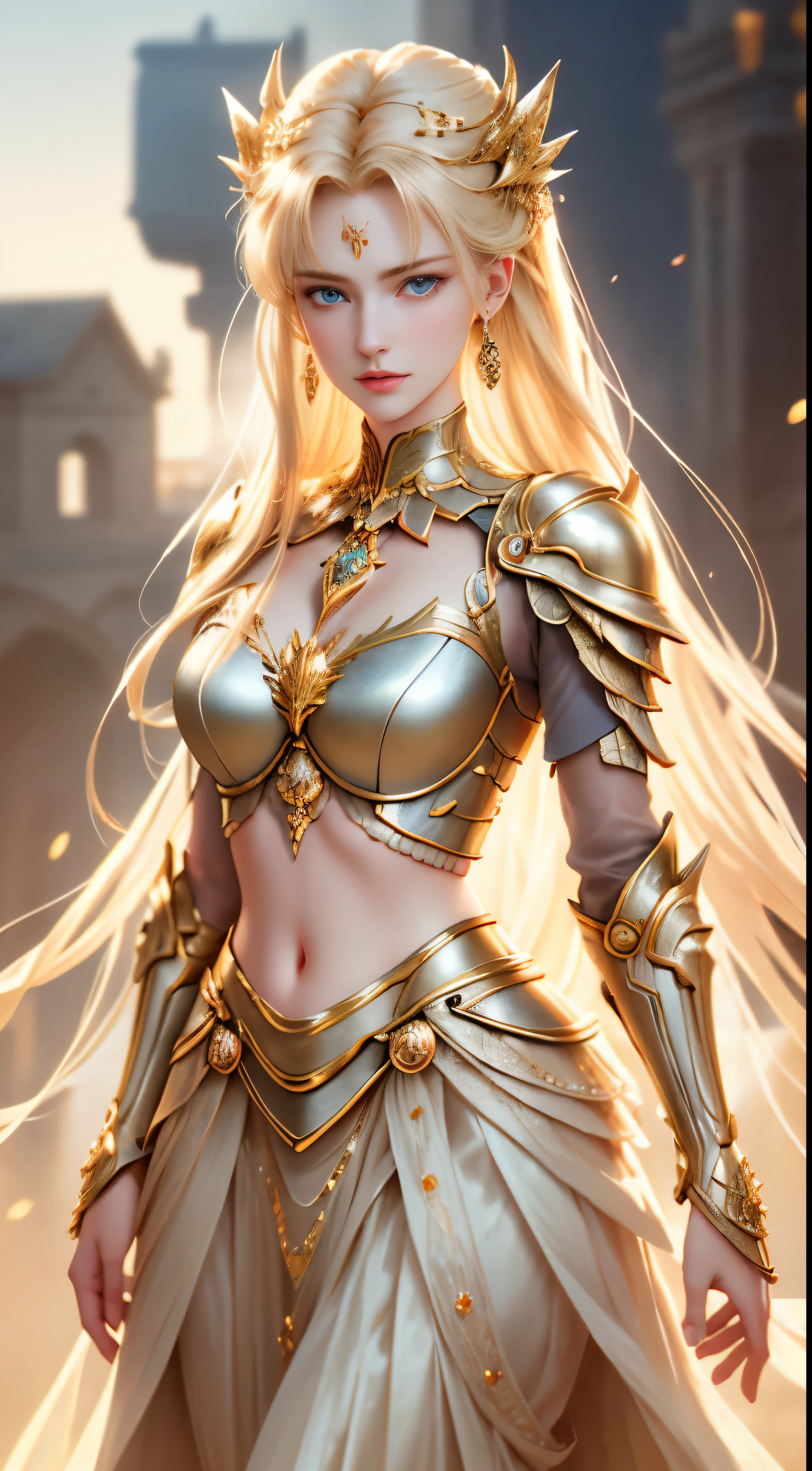 8K UHD,RAW photo,A woman in silver gold armor,Skirt armor,Handsome girl,long blonde hair,blonde with blue eyes,The face is delicate,Delicate skin,big Full breasts,Crystal clear lips,Slender legs,(Real Human:1.3),(A high resolution:1.4),(A detailed:1.5),(photorealestic:1.7),RAW photo,Portrait Photogram,Real Human,RAW photo,超A high resolution,Foto realism,best qualtiy,(highdetailskin,skin detailed),Visible Pore,Shiny skin,tmasterpiece,,finedetail,Colorization,Extremely Delicately Beautiful,Extremely detailed 8k wallpaper,8K high quality,Digital SLR,Girl with beautiful details,(looking at viewert),professional photograph lighting,Faraway view,Full body photo,in a panoramic view