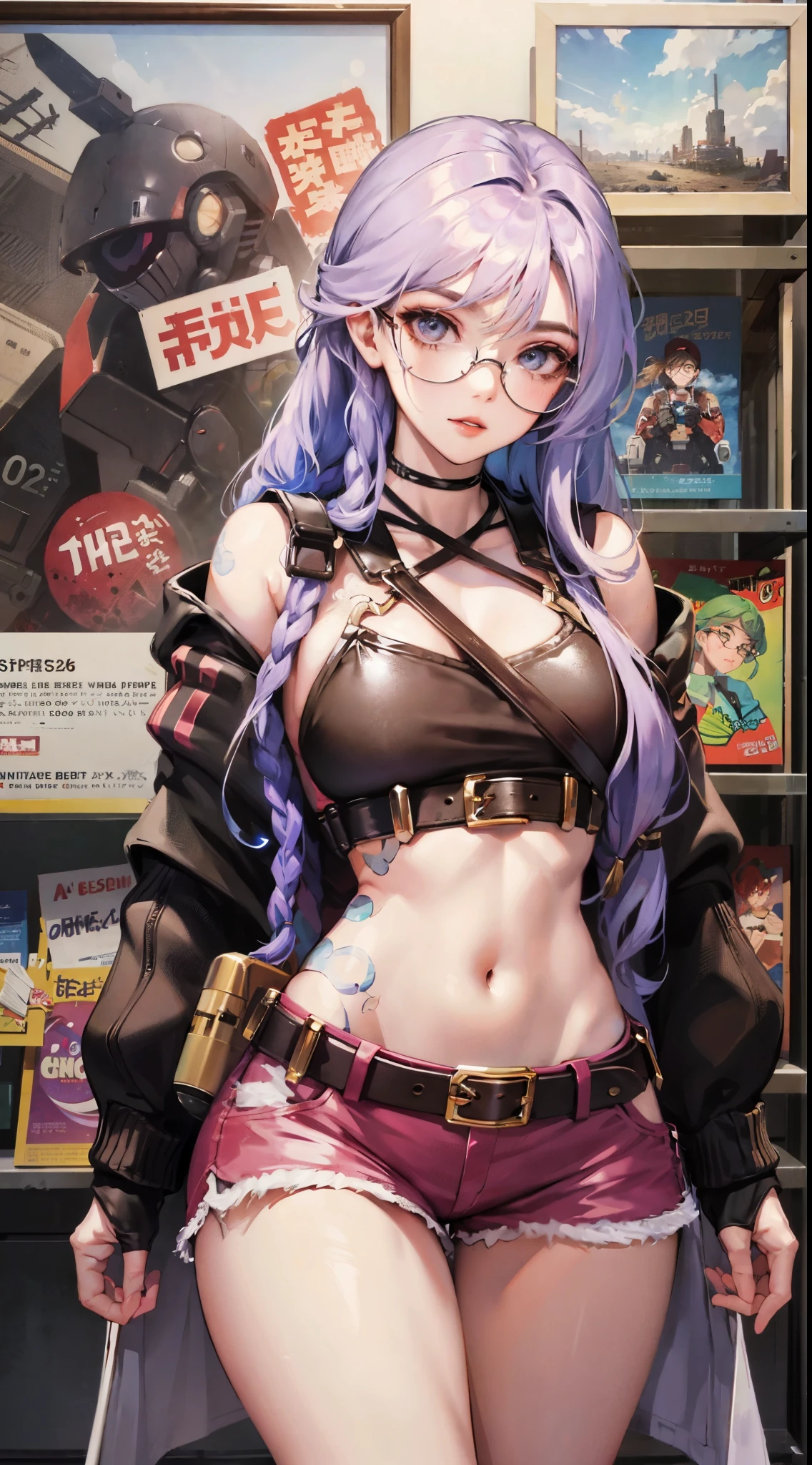 doom,meaty thighs，Poster publicity style，Mecha display，C cup，wear glasses，short shorts