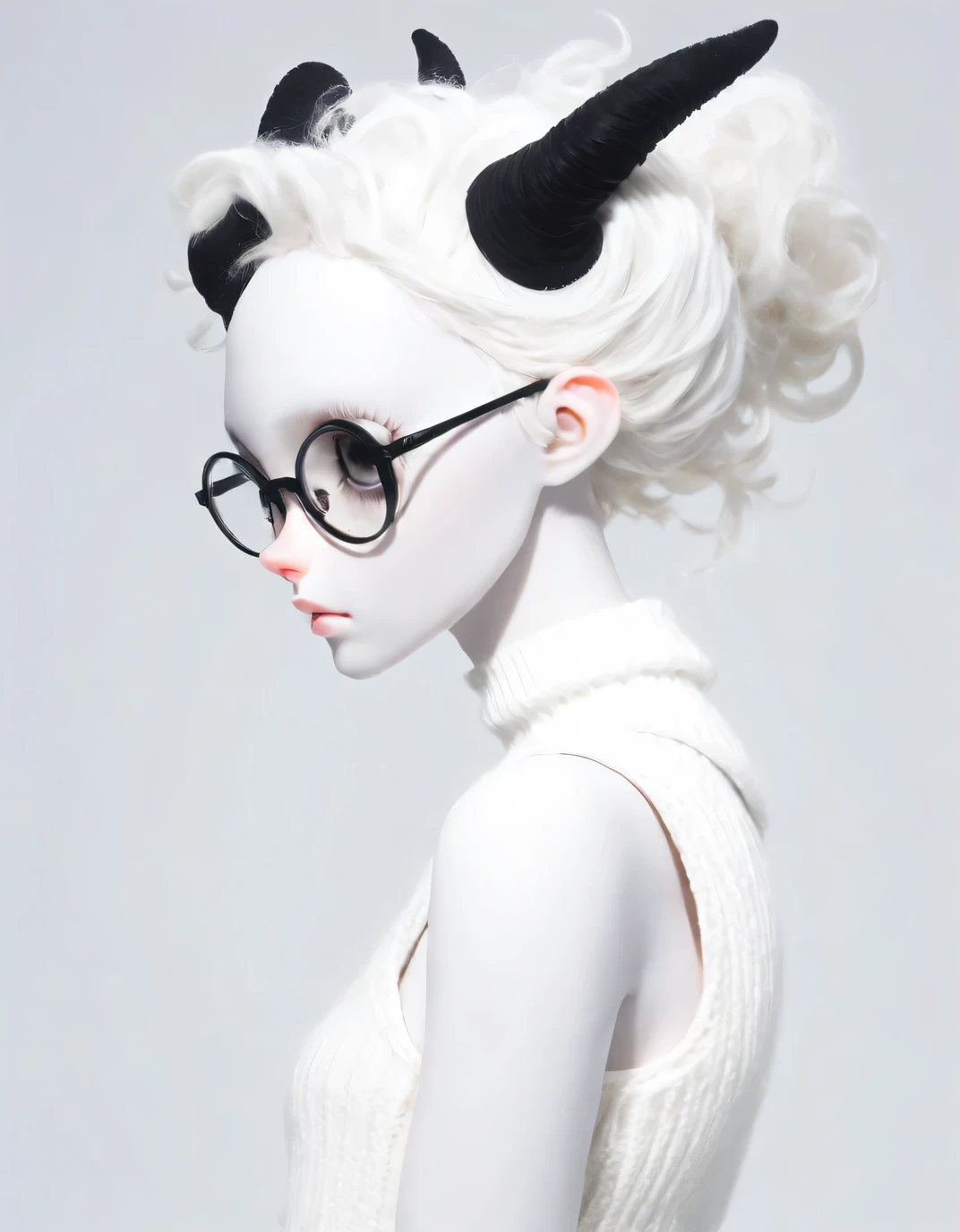 (Profile view:1.2) A person&#39;s skin is very white，Demon girl with black horns, (Pitch-black eyes:1),( Wearing a white vest sweater and white bubble shorts:1.2)  , white hair , Plenty of lighting ,freckle, intricate details, (Oversized glasses:1.2)