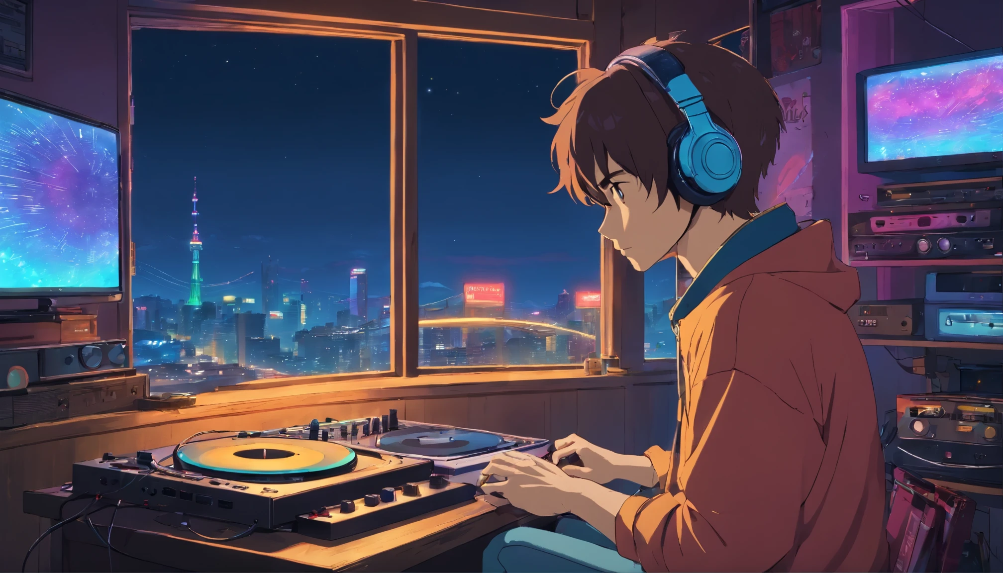 Photo of a man listening to music with headphones, text Why you, Super Detail, Retro wave, Cyberpunk, sad vibe, night light through the window, night vibes, One bedroom, 2D, (Longshot), wide shot, (noise of the film), OLD CARTOON, (many records: 1.3), vinyl record store, (masterpiece, Very high quality, Very high quality, Official Art, Beautiful and Aesthetic: 1.2), (very detailed, (Fractal Art: 1.4 ), Guitar, (notes: 1.4), (lo-fi hip-hop), side view, old anime texture, alone, Loudspeaker, Cyberpunk, vinyl, Night