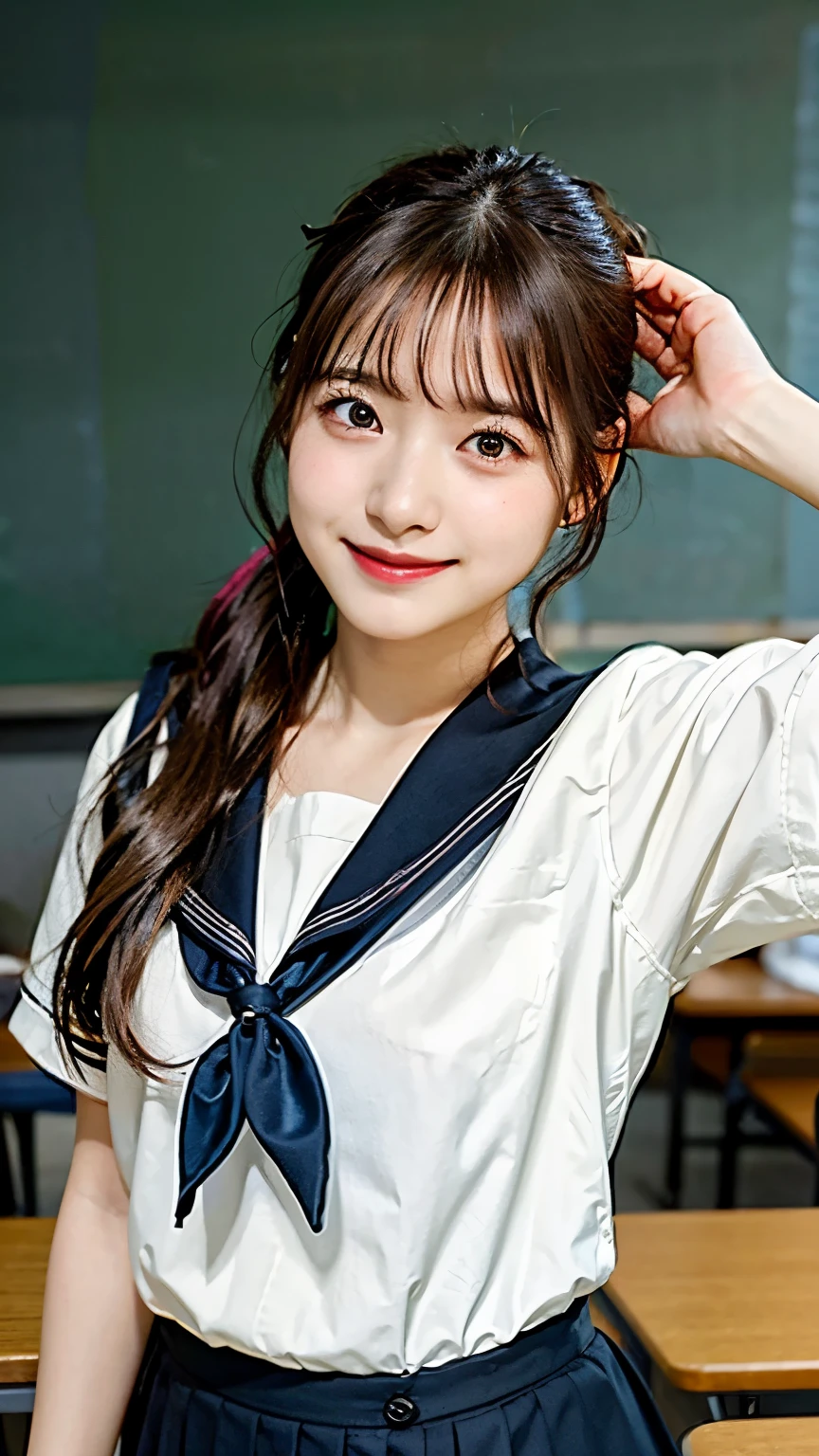 masterpiece, best quality, kawaii girl,classroom, brown hair, black eyes, school sailor uniform, shiny hair, ponytail, write on the blackboard,
smile,