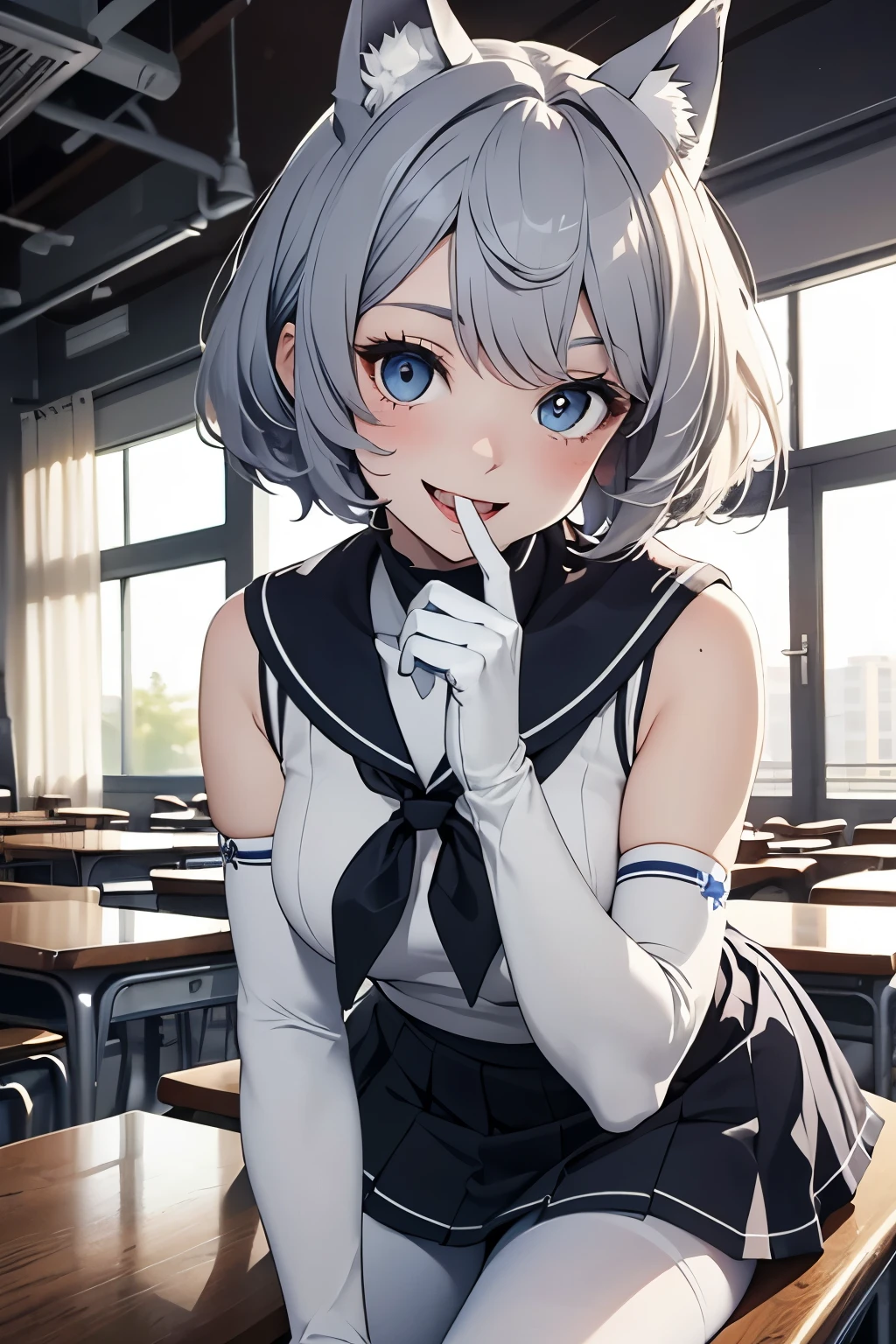 table top　High level image quality　best image quality　8K　 adult woman　Portrait　white long gloves（long gloves）　white pantyhose　sailor suit（sleeveless）　mini skirt　wolf ears　short hair（（shortcut）（gray hair）（perm）（fluffy））　eye color is blue　Face seducing（（laughter）（smile）（open your mouth））　School　