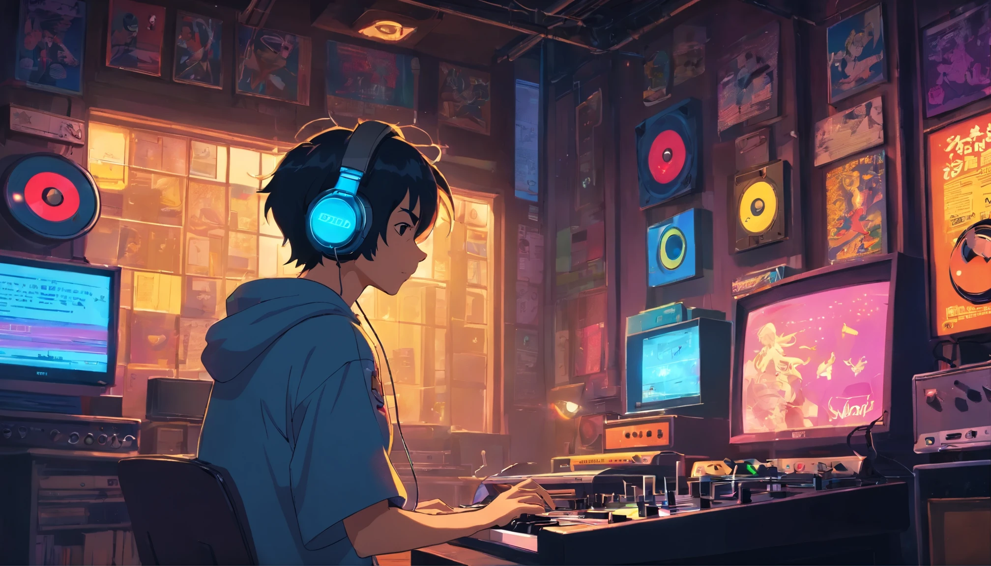 Photo of a man listening to music with headphones, text Why you, Super Detail, Retro wave, Cyberpunk, sad vibe, night light through the window, night vibes, One bedroom, 2D, (Longshot), wide shot, (noise of the film), OLD CARTOON, (many records: 1.3), vinyl record store, (masterpiece, Very high quality, Very high quality, Official Art, Beautiful and Aesthetic: 1.2), (very detailed, (Fractal Art: 1.4 ), Guitar, (notes: 1.4), (lo-fi hip-hop), side view, old anime texture, alone, Loudspeaker, Cyberpunk, vinyl, Night