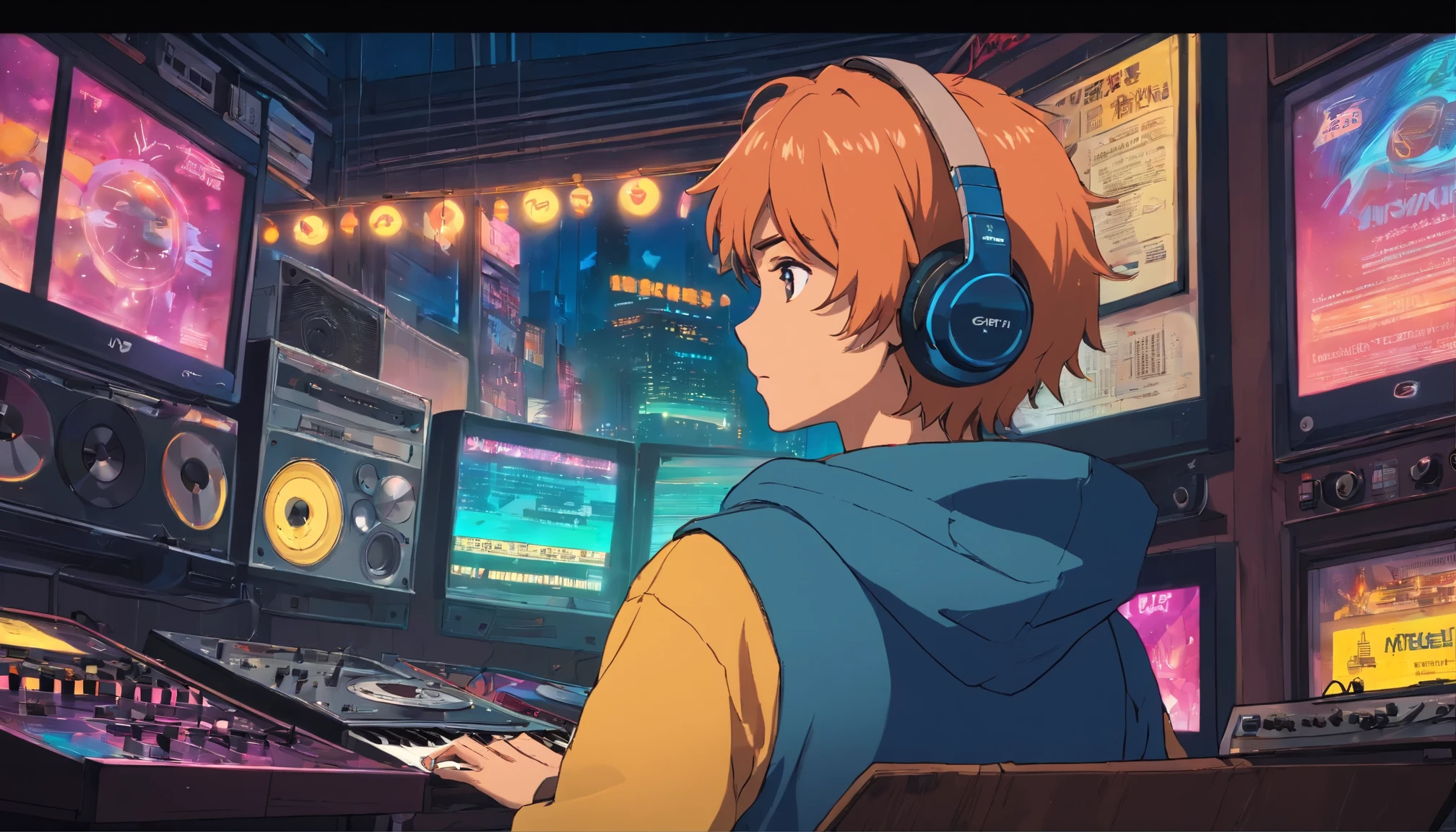 Photo of a man listening to music wearing headphones, Text why you, Super detail, Vintage wave, Cyberpunk, Sad atmosphere, Luminous light through the windows, nighttime scene, One bedroom, 2D, (shot from afar), Wide shot, (Noise from the film), Old cartoons, (Many records: 1.3), Vinyl record store, (Masterpiece, Very high quality, Very high quality, offcial art, Beautiful and aesthetic: 1.2), (Very detailed, (Fractal art: 1.4 ), guitar, (Notes: 1.4), (Lo-fi hip-hop), Side view, Old anime textures, Alone, speakers, Cyberpunk, Vinyl, Night