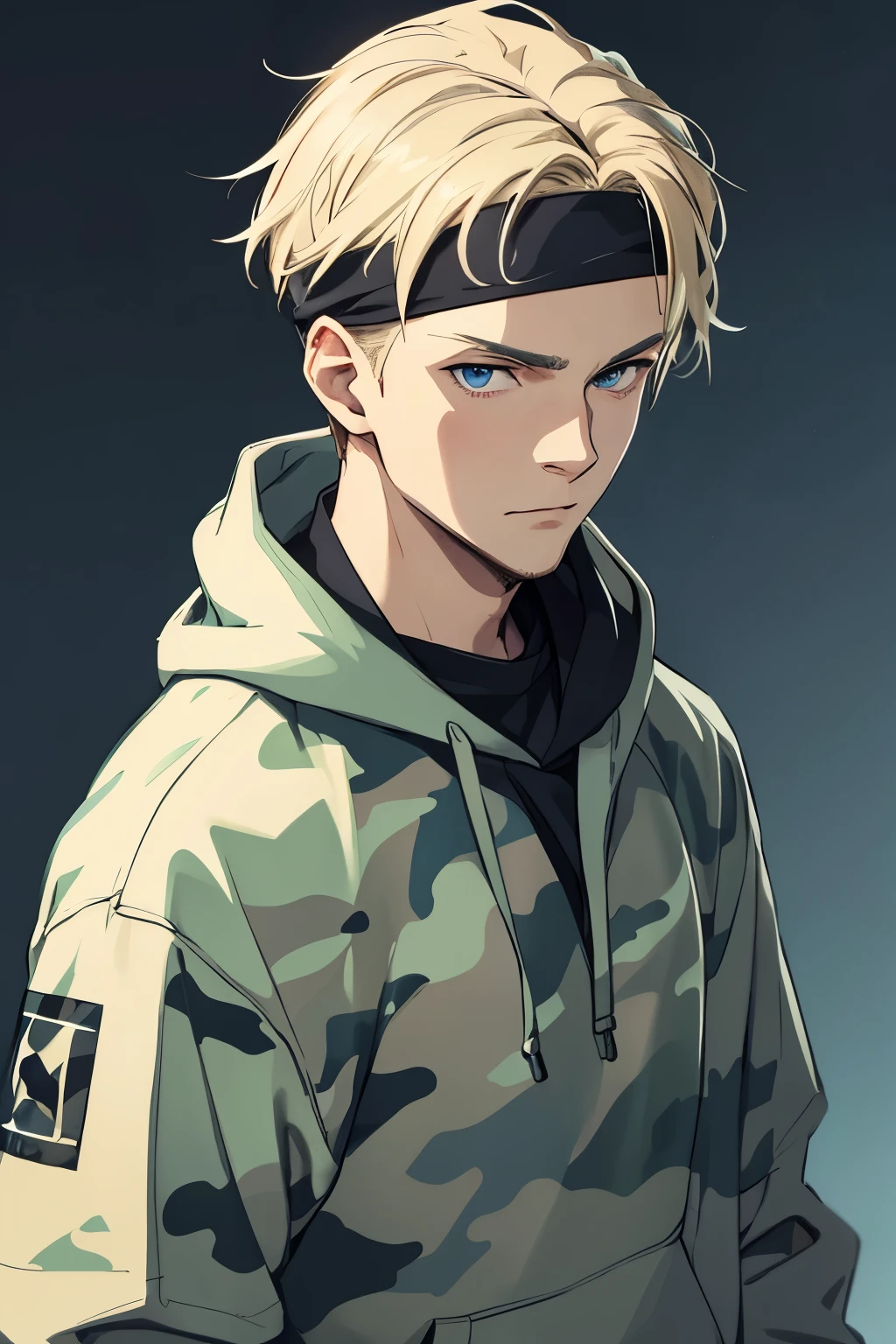 a young man, solo, caucasian, blonde hair, light blue eyes, oversized dark green camouflage pattern hoodie, black sweatpants, black headband on forehead, dark background, ambient lighting