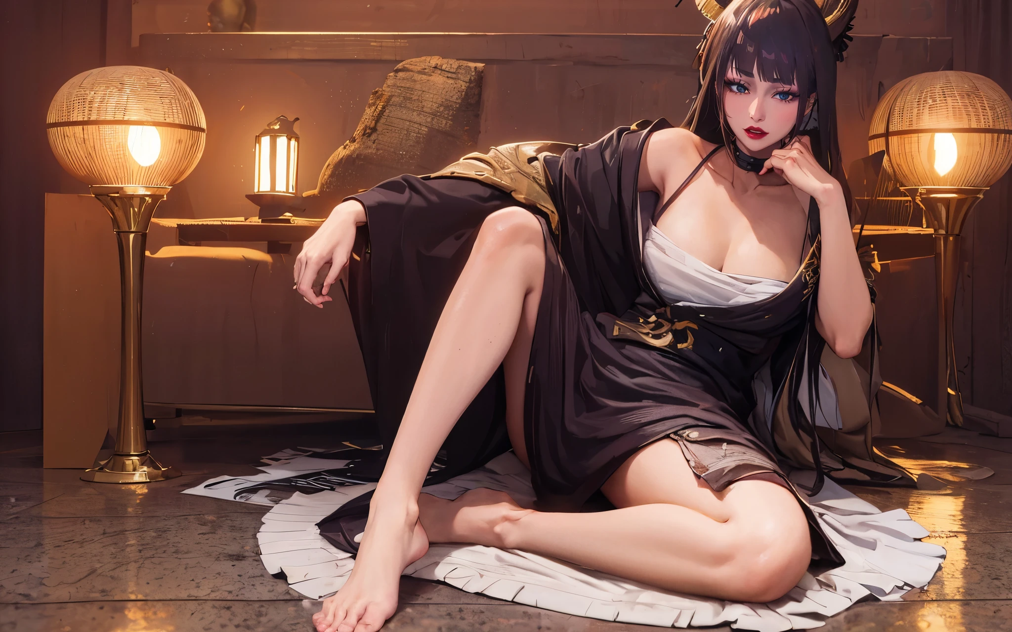 senjumaru shutara, (long hair, bangs, blunt bangs, black hair, sidelocks:1.5), (black eyes:1.5), makeup, lipstick, red lipstick, breasts, epic art, fantasy, 1girl, anklet, barefoot, solo, jewelry, sitting, indoors, breasts, choker, looking_at_viewer, cleavage, bracelet, large_breasts, bare_shoulders, dress, glow effects, godrays, Hand drawn, render, 8k, octane render, cinema 4d, blender, dark, atmospheric 4k ultra detailed, cinematic, Sharp focus, big depth of field, Masterpiece, colors, 3d octane render, 4k, concept art, trending on artstation, hyperrealistic, Vivid colors, extremely detailed CG unity 8k wallpaper, trending on CGSociety, Intricate, High Detail, dramatic, anime coloring, anime screencap, steaming body, fog, heavy breathing, nsfw art,