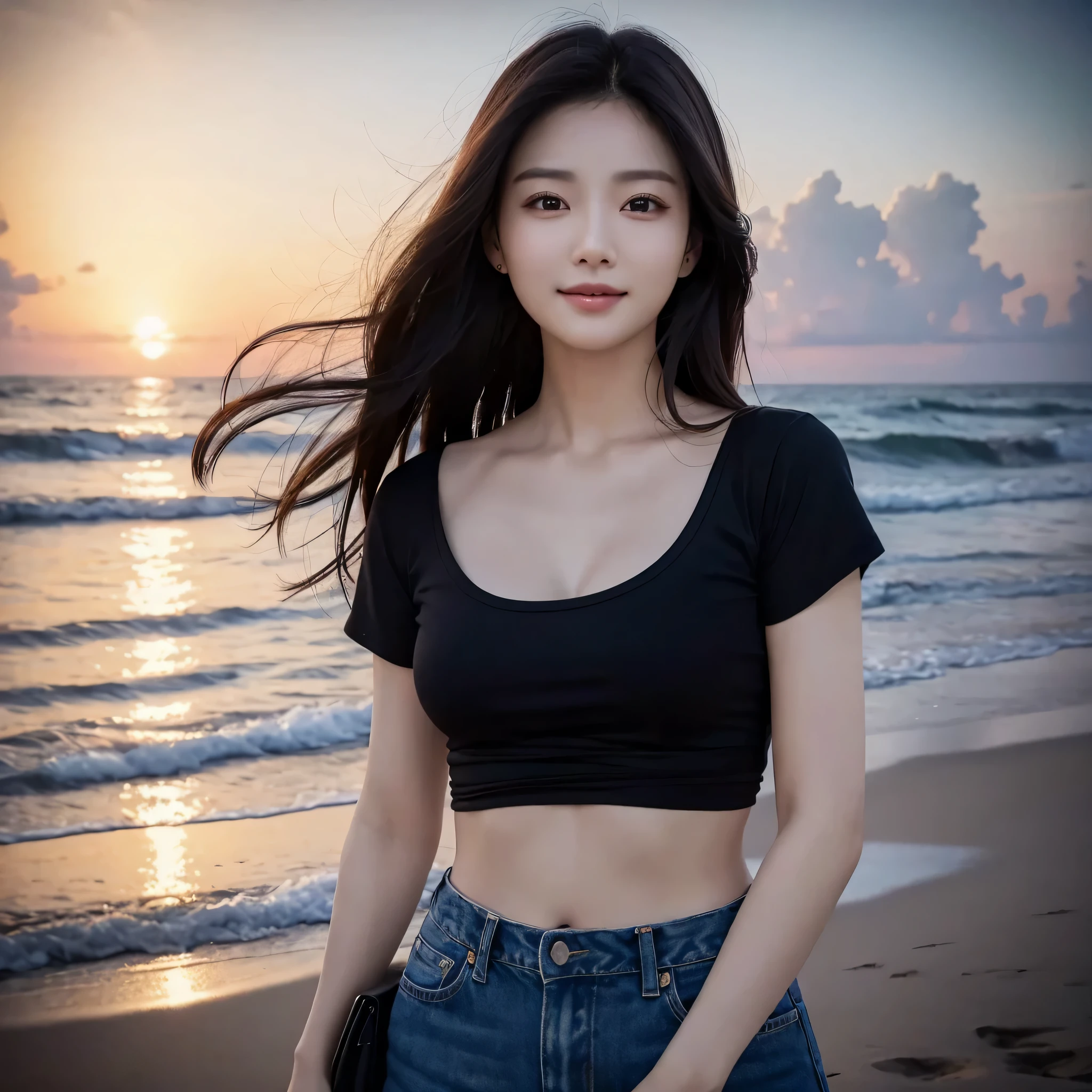One lady、((best qualtiy、8k masterpieces:1.3))、foco nítido:1.2、(ultra beautiful faces:1.0)、(shinny skin:1.0)、photos realistic、A dark-haired、Video Lighting、High-definition eyes and face、Video Lighting、(Korean Cute Actress)、from the front side、medium breasts、Smile、Slender Abs Beauty、Whole body、wearing t-shirts、On the beach at night