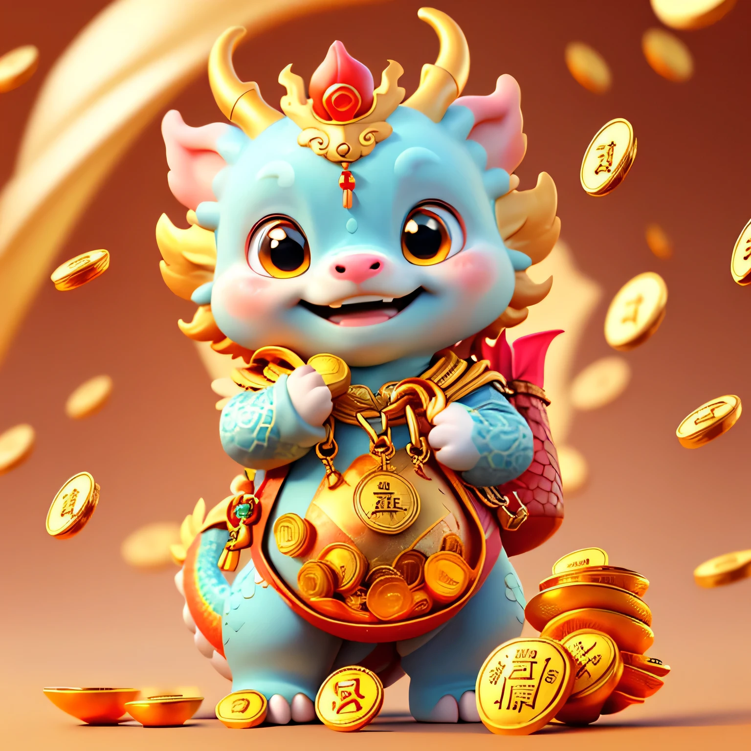 Chinese dragon，The background is casual，Delicate picture quality，HD，happy expression，golden dragon baby，Holding a bag full of gold coins