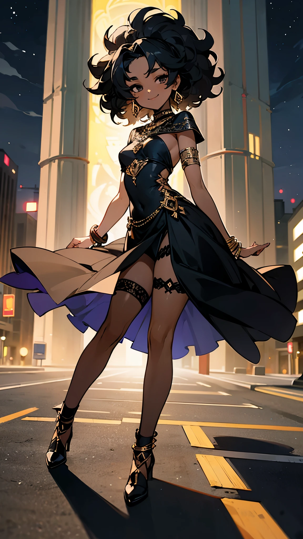 African dark skin, shiny effect, shiny accessories, skin reflecting light, accessories, necklaces, earrings, bracelets, armlets, thigh garter, 1 girl, curly hair, black high-slit dress, black eyes, friendly smile, night city, view from the ground