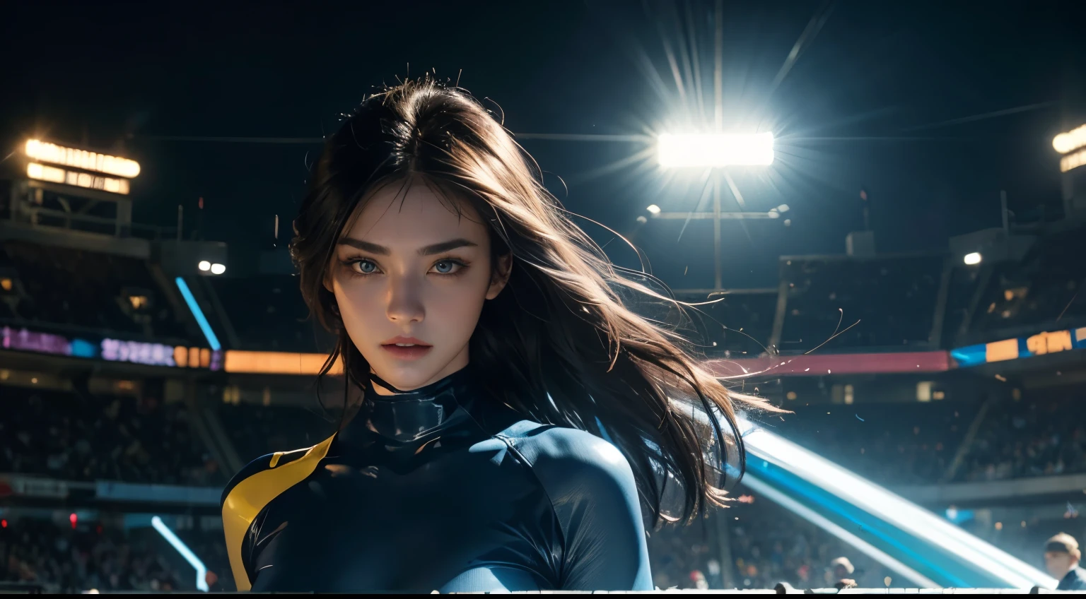 4K, A high resolution, Best quality at best, masterpiece, perfect colors, perfect shadow, perfect litthing, ((sportrait)), 1woman, fit-muscled body, bright yellow eyes，dark blue hair , blue eyes, With round lenses, The audience watched carefully, (s face: 1.2), Perfect female figure, ((standing)),  (( light blue Tight crop top light blue latex suit)), ((shy and looking at viewert)), (Perfect thick white eyebrows) Delicate fur, 详细s face, s the perfect face, At a  fantasy cyberpunk city , (model pose standing), energetic background, perfect  city skyscape,  lighting atmosphere, ((Bonifasko lighting)), (The round lenses on his eyes)(詳細な目), Perfect student, face close up