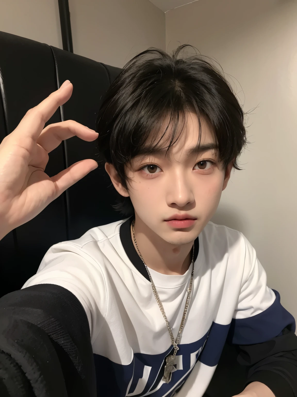 Un chico, Hwang hyunjin de Straykids, hyunjin, asian boy, ojos color negro, nariz respingada y bonita, labios gruesos, labios rosas, boy with pale white skin, hombre con piel bonita y suave, hombre con pecas y lunares, cejas bonitas de un asian boy, hwang hyunjin mientras usa una capucha negra, chico con una casca negra, mientras agarra una rosa, looking to the camera, selfie de un boy hwang hyunjin