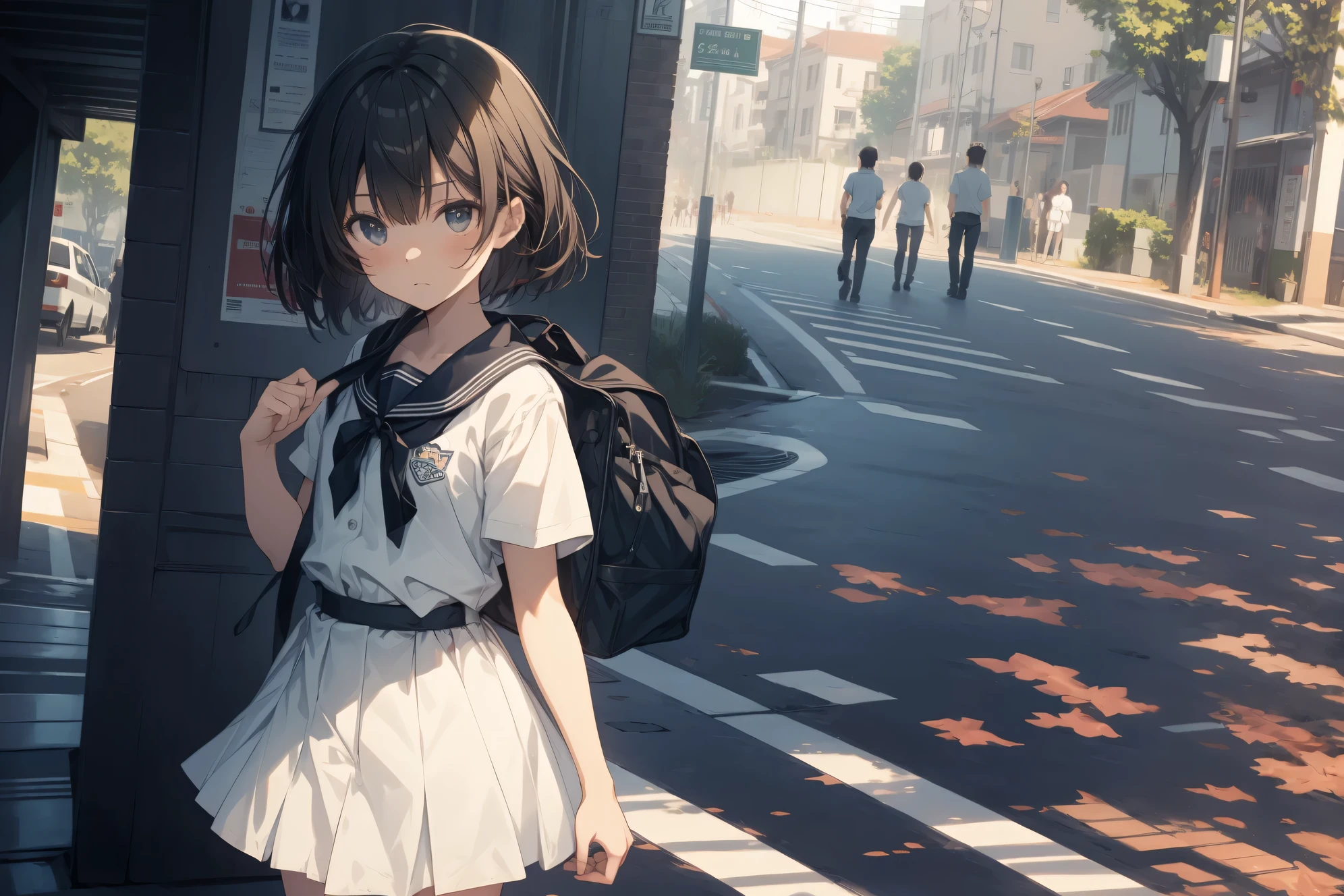 Super high quality by the art god, super detailed, High resolution, AI generated, anime moe art style, best anime 8K konachan wallpaper, pixiv contest winner, perfect anatomy, break,(眠そうにalone学校へ行く女の子を描いてください. ),break, 1 girl, (alone,lolita, , :1.3),All limbs, full finger,, androgynous charm, (very short hair), messy hair, flat chest, Because I'm slender, small ass, between legs, Small black eyes, beautiful and fine eyes, Well-proportioned iris and pupils, expressive eyes,disgusted eyes, High resolutionの詳細な髪, wearing school uniform, (skirt),(detailed lighting), (detailed background), On the way to school. break,super dense skin, Best lighting by famous artists, 8K, figure,UHD, rough skin