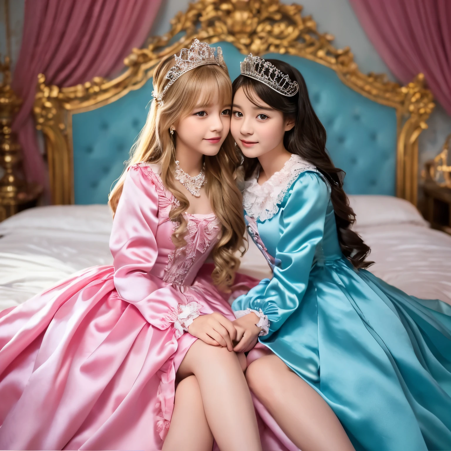 ,highest quality, masterpiece, highest resolution, artwork, super それにget used to it, many get used to it, get used to it, それにget used to it, 3K realistic photos,,((女の子)),Super detailed baby face,thls are princesses,Full length ball gown dress with hoop skirt,ruffled yoke collar,puff sleeves,long sleeve,((Lolita style hot pink detailed princess satin dress、Comes with lots of frills and ribbons。)),colorful rococo fashion,shiny satin dress,Soft and smooth fabric,luxury,long blonde hair,blue eyes,white skin european,pajamas,((inside the palace)),,,(( 10 years old)),Super y face,Full length ball gown d hoop skirt,long skirt,ruffled yoke collar,puff sleeves,腰まで伸びるlong blonde hair,blue eyes,white skin european,pajamas,((inside the palace bedroom)),シルクサテンのluxuryなcanopy bedの上,canopy bed,Luxurious curtains on both sides of the bed,many frilly pillows on the bed,super detailed background,Detailed bed,romantic atmosphere,two little princesses on the bed,Two people hugging each other,((((Both legs are hidden in the dress)))),the dress is spread out on the bed,soft silk satin comforter,soft silk satin ruffled pillow,Beautiful girl illustration,detailed beautiful face detailed hair,detailed human eye ,detailed mouth, arm details,fine hands,Detailed pillow,