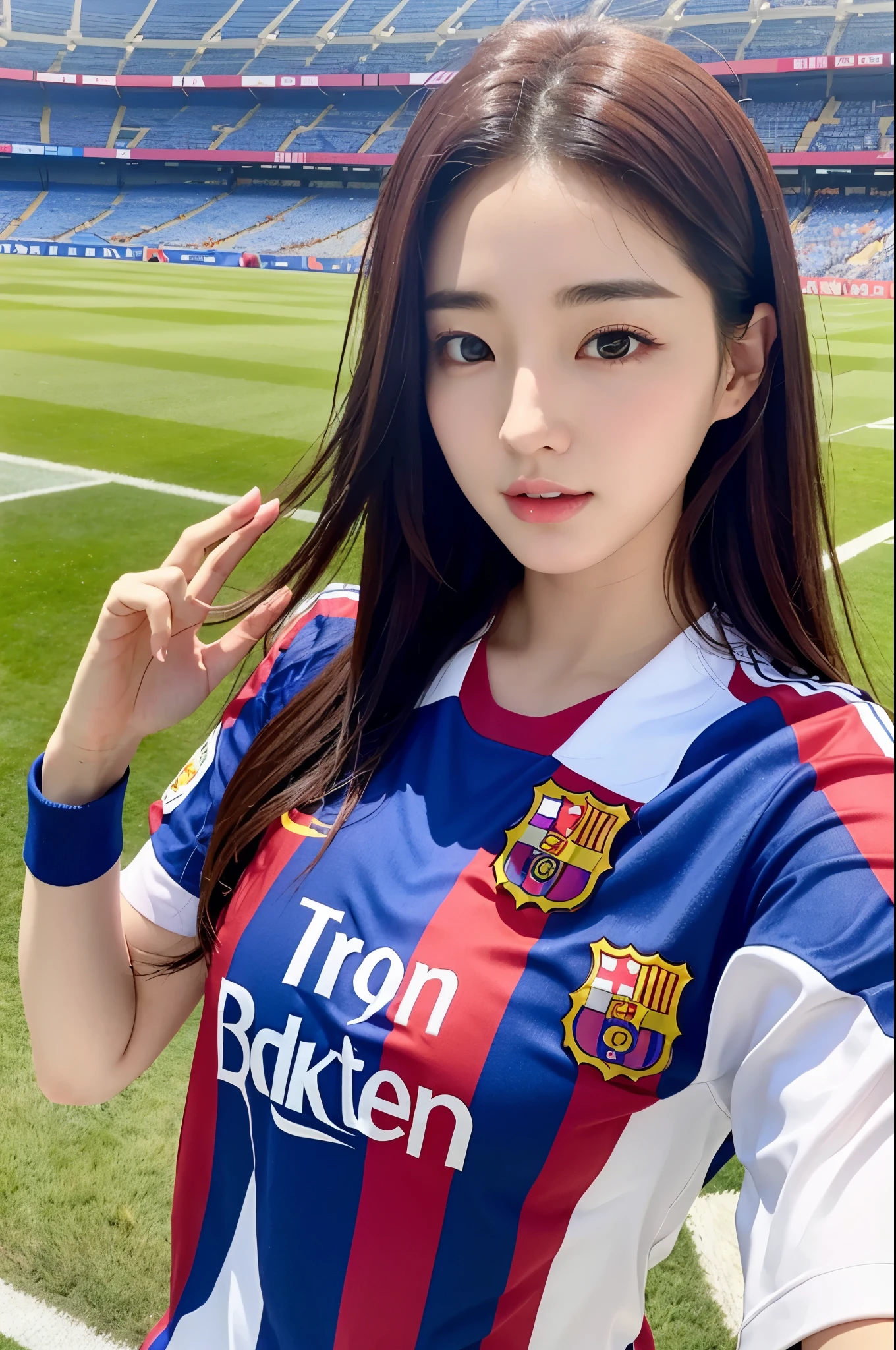 1girl, sexy, beautiful, idol, Korean idol, football shirt, Barcelona football shirt, at the stadium, sunny day, windy