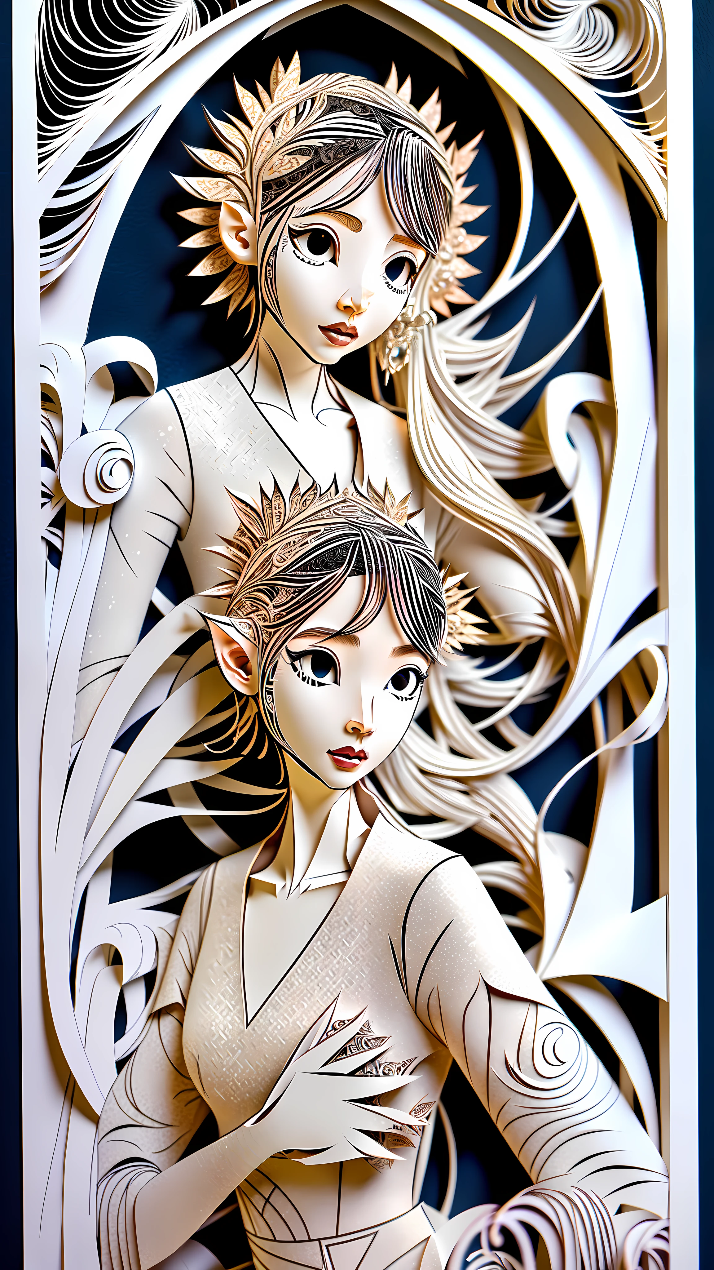 ((best quality)), ((masterpiece)), (detailed), perfect face,
A mesmerizing paper-cut of the iconic tale of ((elf)) girl comes to life on the screen. Every delicate detail meticulously crafted out of paper unfolds before your eyes, showcasing the determined spirit of Mulan. The intricate paper scenes blend vibrant colors with the ancient art of papercutting, capturing elf girl courage and determination as she goes against societal expectations to protect her family and honor. This enchanting animation captivates viewers with its exquisite precision and awe-inspiring artistry, immersing them in the compelling story of elf girl heroic journey. (((Paper cutting art style))), by Skyrn99, high detail, high quality, high resolution, dramatically captivating, anime style,
