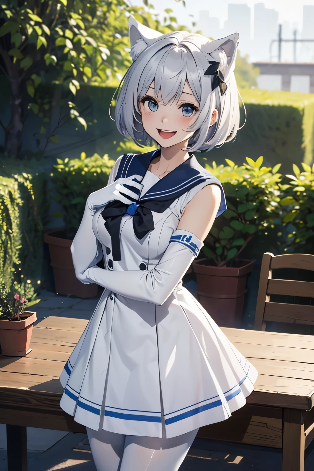 table top High level image quality best image quality 8K adult woman Portrait white long gloves(long gloves) white pantyhose sailor suit(sleeveless) mini skirt White wolf ears short hair((shortcut)(gray hair)(perm)(fluffy)) eye color is blue Face seducing((laughter)(smile)(open your mouth)) garden