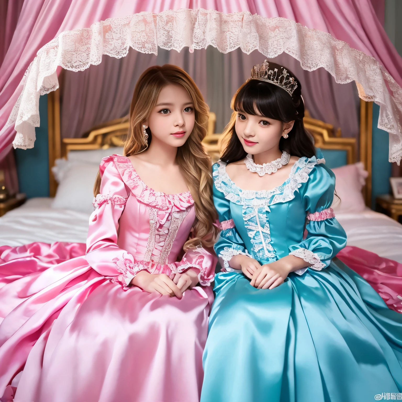 ,highest quality, masterpiece, highest resolution, artwork, super それにget used to it, many get used to it, get used to it, それにget used to it, 3K realistic photos,,((女の子)),Super detailed baby face,thls are princesses,Full length ball gown dress with hoop skirt,ruffled yoke collar,puff sleeves,long sleeve,((Lolita style hot pink detailed princess satin dress、Comes with lots of frills and ribbons。)),colorful rococo fashion,shiny satin dress,Soft and smooth fabric,luxury,long blonde hair,blue eyes,white skin european,pajamas,((inside the palace)),,,(( 10 years old)),Super y face,Full length ball gown d hoop skirt,long skirt,ruffled yoke collar,puff sleeves,腰まで伸びるlong blonde hair,blue eyes,white skin european,pajamas,((inside the palace bedroom)),シルクサテンのluxuryなcanopy bedの上,canopy bed,Luxurious curtains on both sides of the bed,many frilly pillows on the bed,super detailed background,Detailed bed,romantic atmosphere,two little princesses on the bed,Two people hugging each other,((((Both legs are hidden in the dress)))),the dress is spread out on the bed,soft silk satin comforter,soft silk satin ruffled pillow,Beautiful girl illustration,detailed beautiful face detailed hair,detailed human eye ,detailed mouth, arm details,fine hands,Detailed pillow,