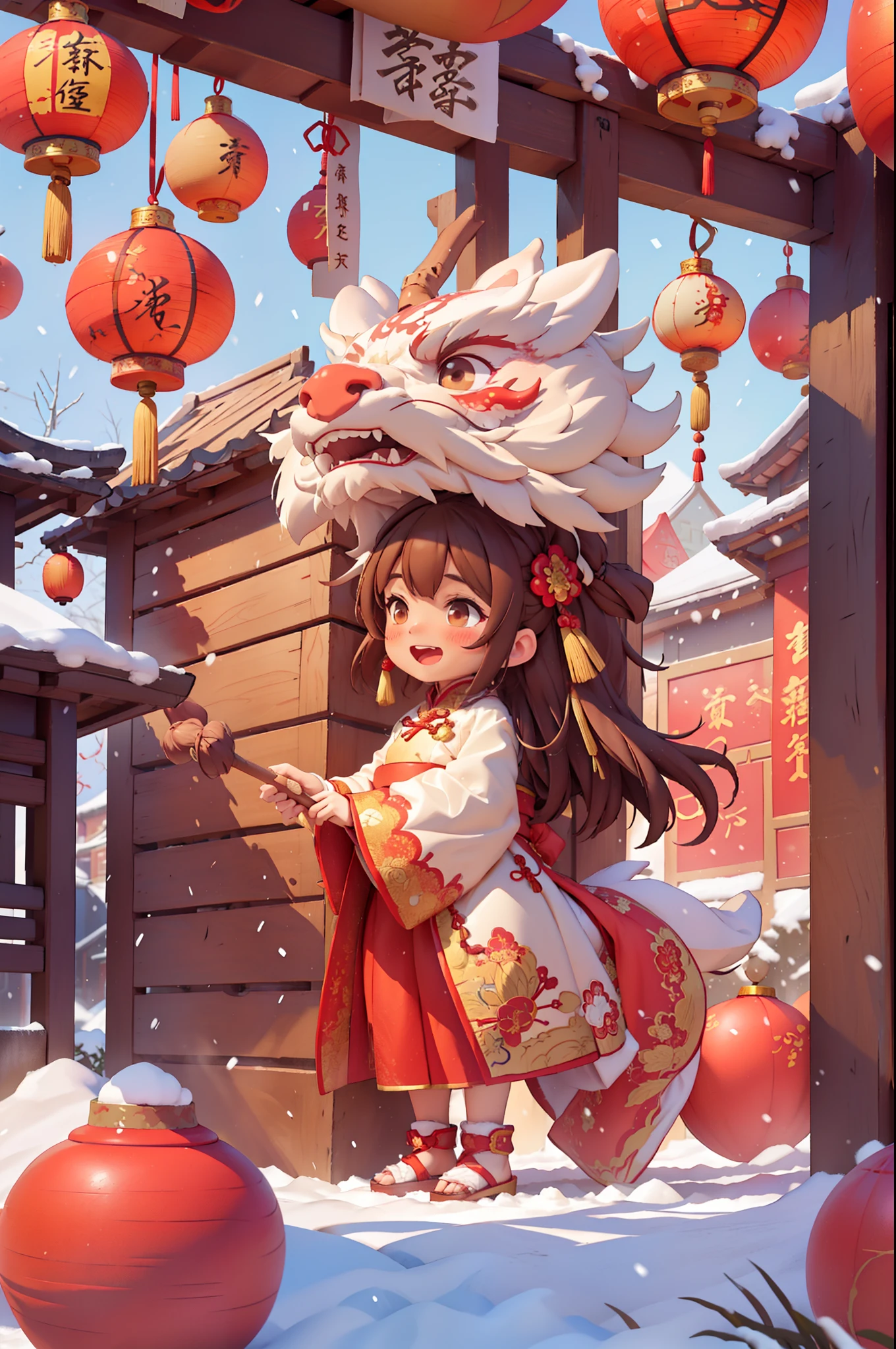 8k,original photo,(masterpiece:1.2),alone,Super detailed,Extremely detailed CG 8k wallpaper,incubation (texture),CNY,1 girl,alone,Wear traditional Chinese clothing to welcome the winter solstice festival, long hair,looking at the audience,blush,Smile,open mouth,simple background,brown hair,hair accessories,Hanfu，long sleeves,skirt,Double tail,brown eyes,Raise your hand,low Double tail,Chinese clothes,red background,Big red lanterns hung high，Holding a wishful ornament，