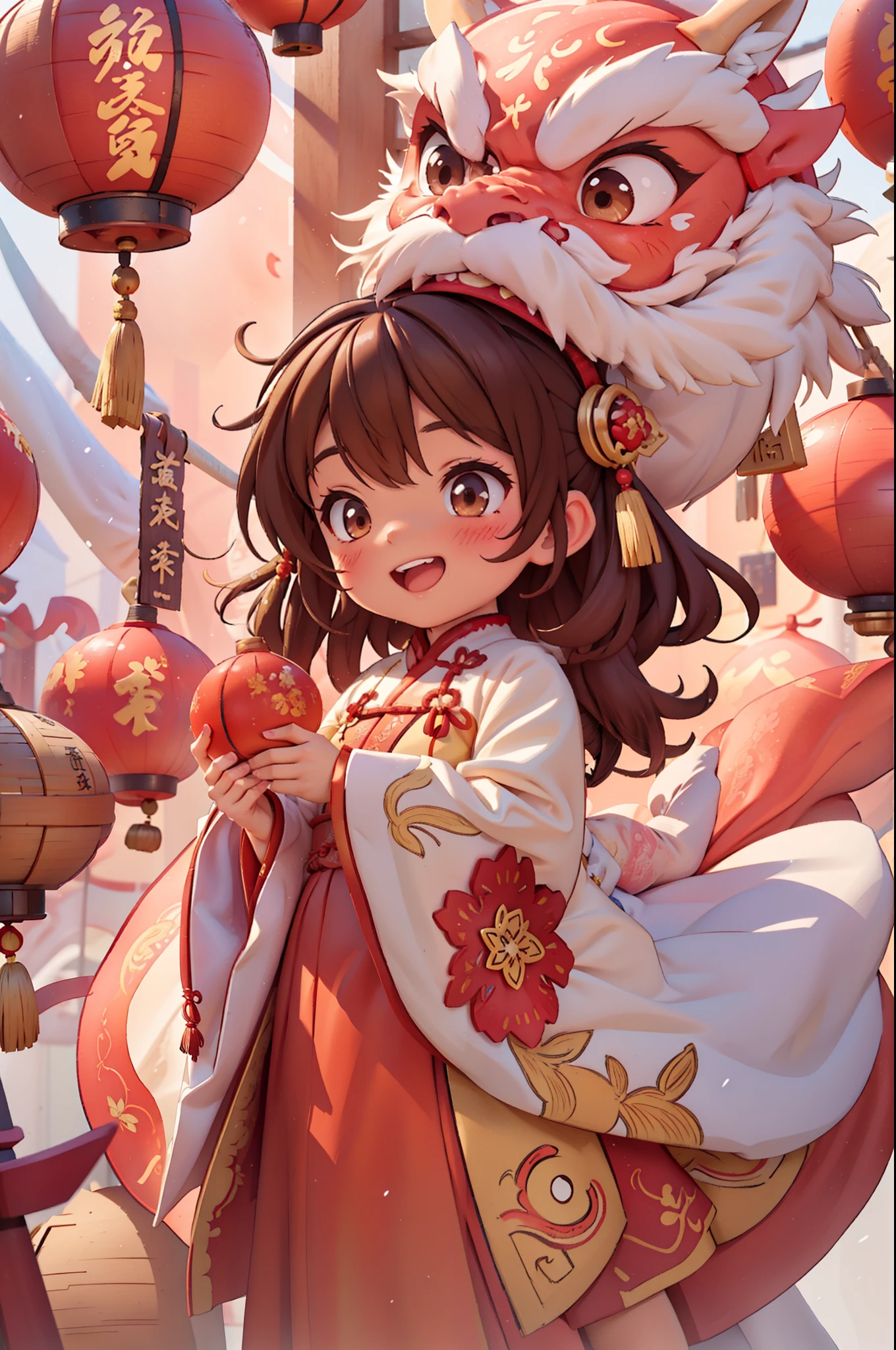 8k,original photo,(masterpiece:1.2),alone,Super detailed,Extremely detailed CG 8k wallpaper,incubation (texture),CNY,1 girl,alone,Wear traditional Chinese clothing to welcome the winter solstice festival, long hair,looking at the audience,blush,Smile,open mouth,simple background,brown hair,hair accessories,Hanfu，long sleeves,skirt,Double tail,brown eyes,Raise your hand,low Double tail,Chinese clothes,red background,Big red lanterns hung high，Holding a wishful ornament，