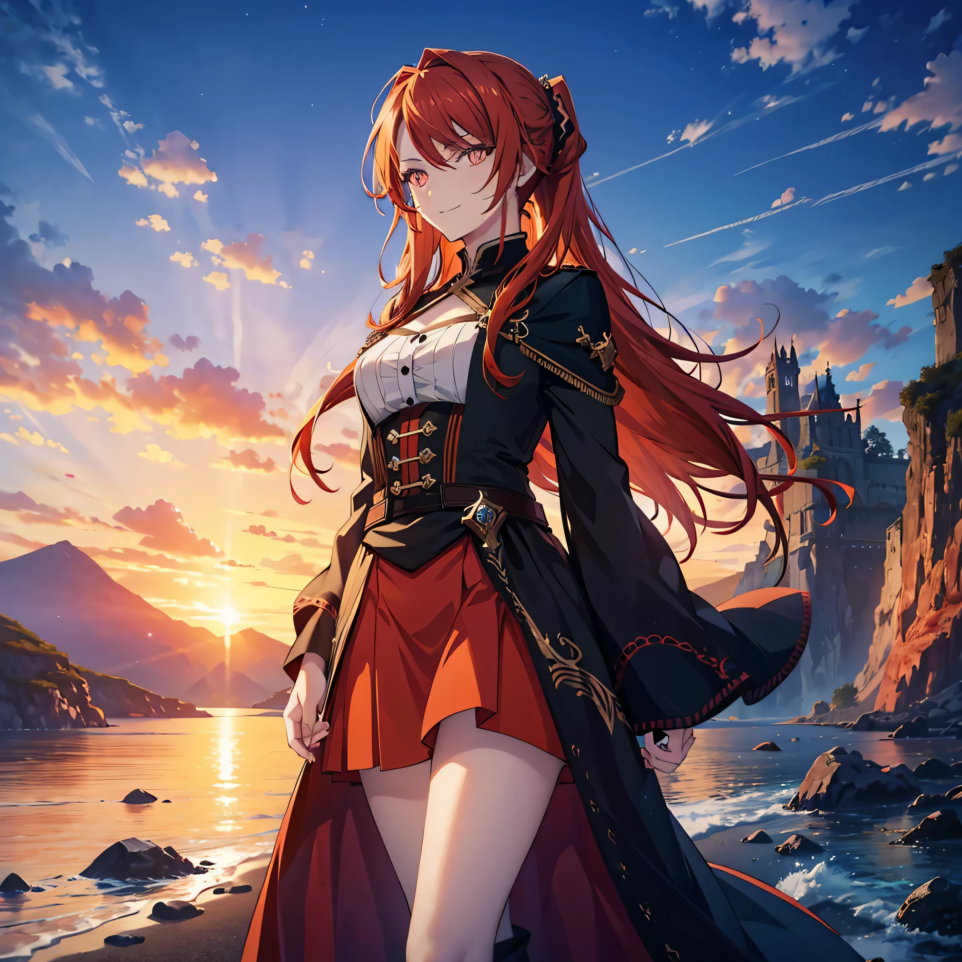 (masterpiece, highest quality) adult woman, married woman, red long hair，red long skirt, black high long boots, wizard&#39;black clothes, 40-year-old queen, detailed face, 赤いnarrow eyes, {{{narrow eyes}}}, Long contour, cute smile, {{{blue and orange sky}}}, straight bangs, great writing background, fantasy background,magic of fire and golden sand, long red hair ponytail, gothic, big breasts, portrait from the knees up, kinesiology, color, cinematic lighting, highly detailed face, detailed face, beautiful face, beautiful eyes, perfect lighting,parted bangs, written boundary depth, realistic proportions, excellent anatomy,makeup gremory, small details. front of girl, Trending on Art Station pixiv, Seductive Anime Woman, video game, cute face with closed mouth, Beautiful woman,walk,