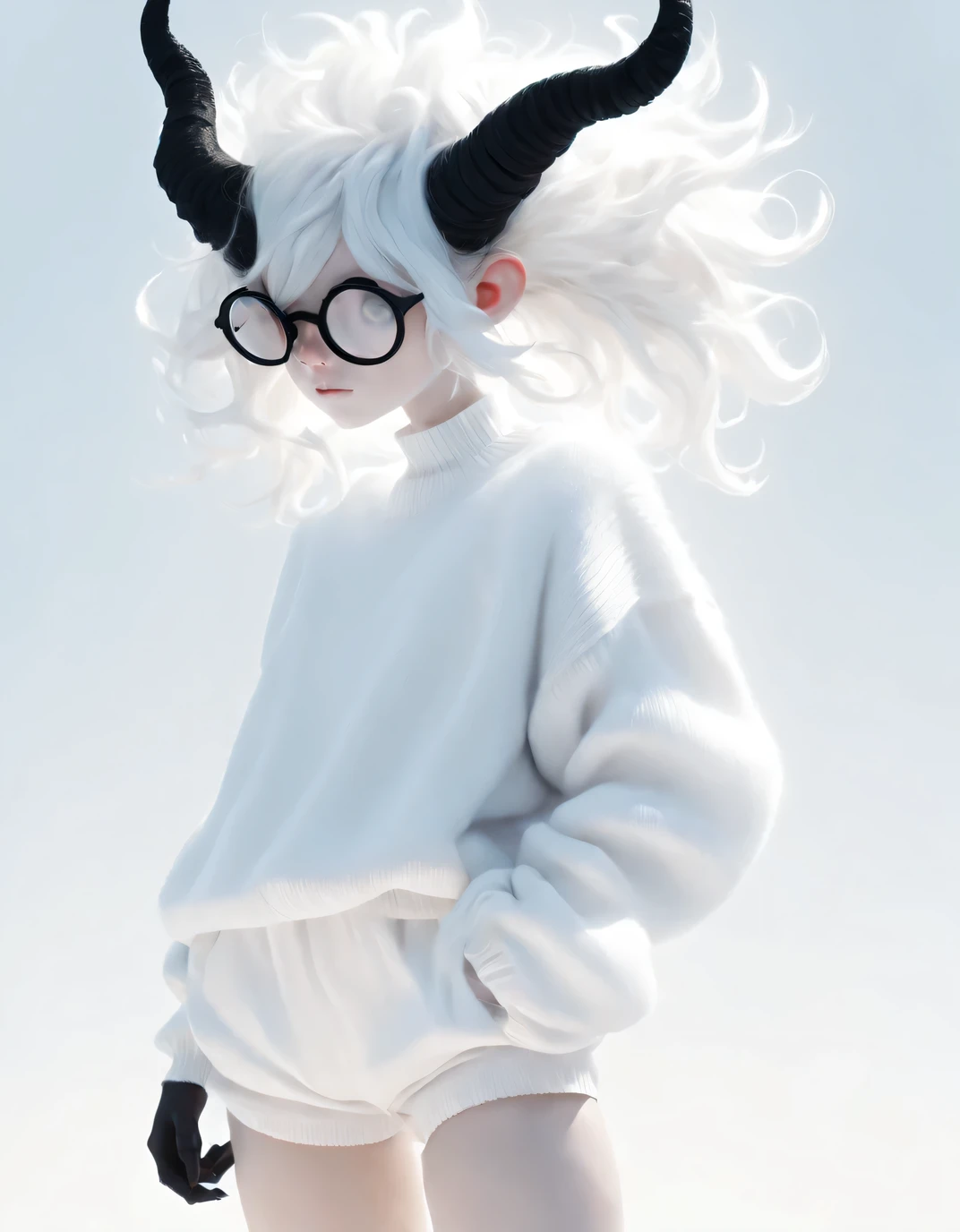 (Profile view:1.2) A person's skin is very white,Demon girl with black horns, (Pitch-black eyes:1),( Wearing a white vest sweater and white bubble shorts:1.2) , white hair , Plenty of lighting ,freckle, intricate details, (Oversized glasses:1.2)