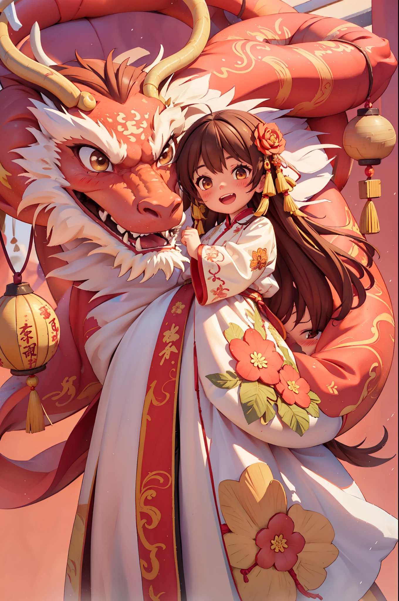 8k,original photo,(masterpiece:1.2),alone,Super detailed,Extremely detailed CG 8k wallpaper,incubation (texture),CNY,1 girl,alone,Wear traditional Chinese clothing to welcome the winter solstice festival, long hair,looking at the audience,blush,Smile,open mouth,simple background,brown hair,hair accessories,Hanfu，long sleeves,skirt,Double tail,brown eyes,Raise your hand,low Double tail,Chinese clothes,red background,Big red lanterns hung high，Holding a wishful ornament，