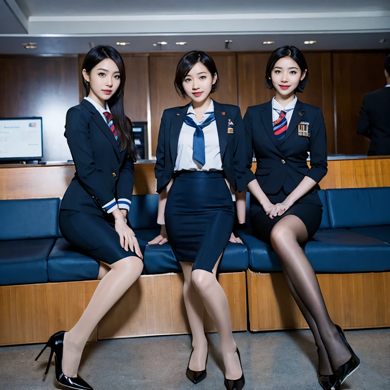 {{adult, Caucasian}}, view viewer, brown eyes, Very detailed, medium breasts, brown hair, airport, Airline stewardess, , Blue blazer, a blue tie, blue skirt, Midskirt, pencil skirt, blue high heels, Cheerful, best quality, high quality, Very detailed的动漫屏幕截图, {{{{Squeeze, multiple girls, Thousands of sisters, Millions of sisters,Billions of sisters, clone, Doppelganger, Match your outfit, Match hairstyle}}}}, Full body female love