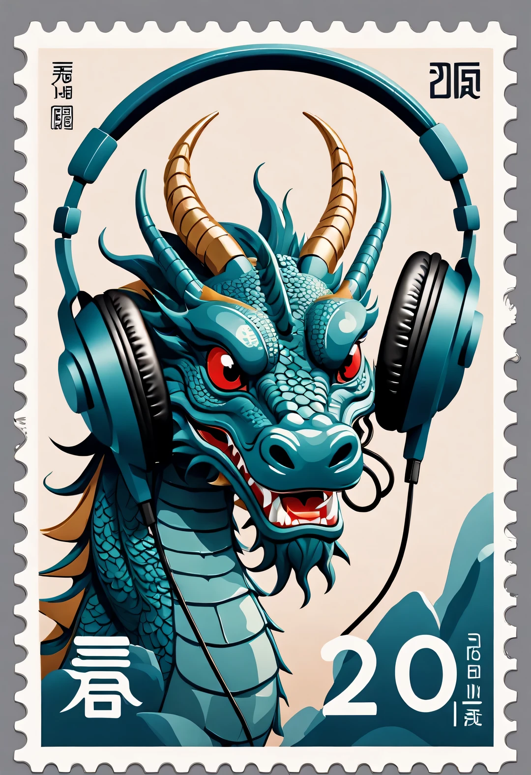 in style of postage stamp design ,Simple Chinese dragon wearing big headphones，The stamp is postmarked 2023