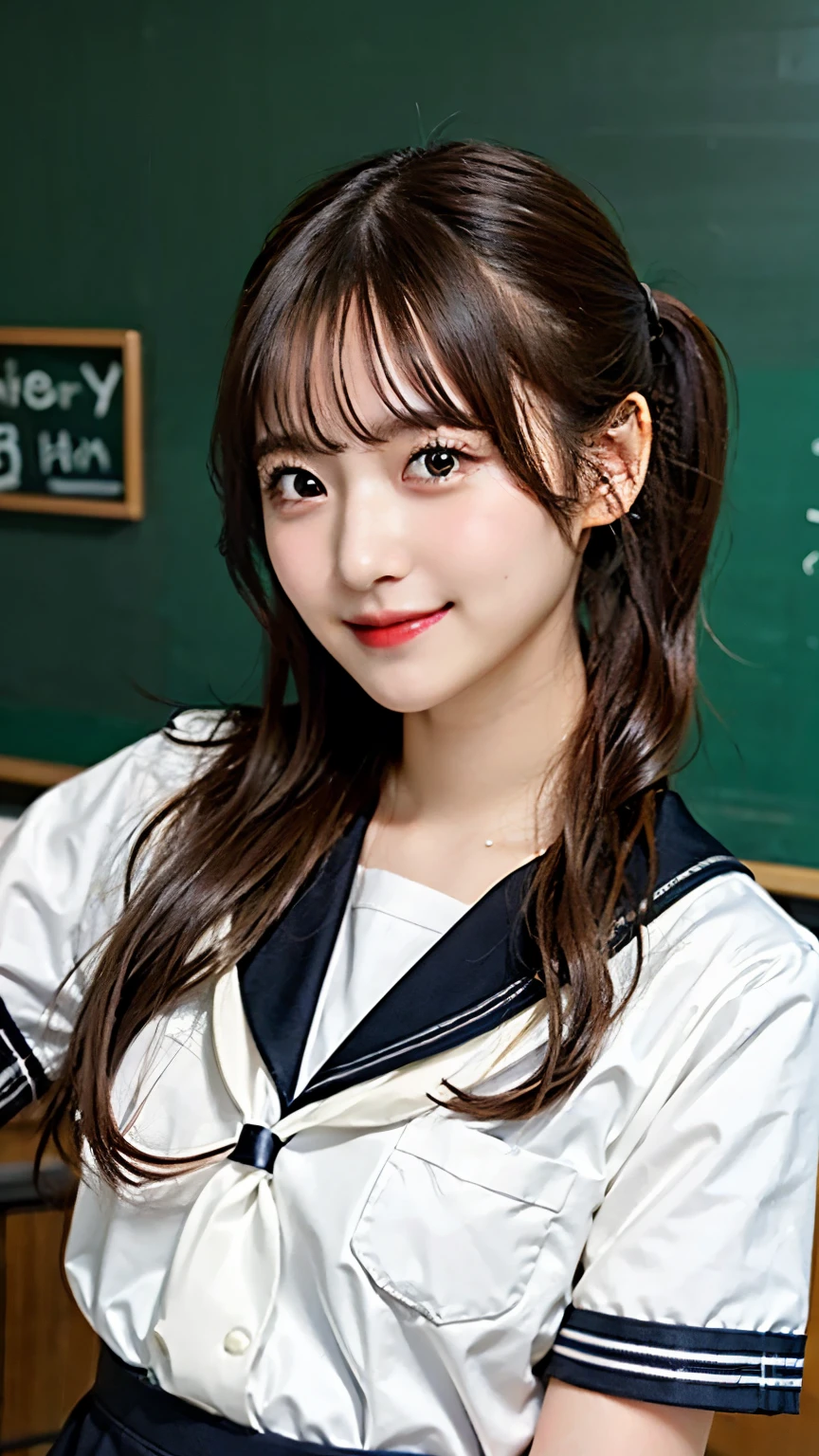 masterpiece, best quality, kawaii girl,classroom, brown hair, black eyes, school sailor uniform, shiny hair, ponytail, write on the blackboard,
smile,
