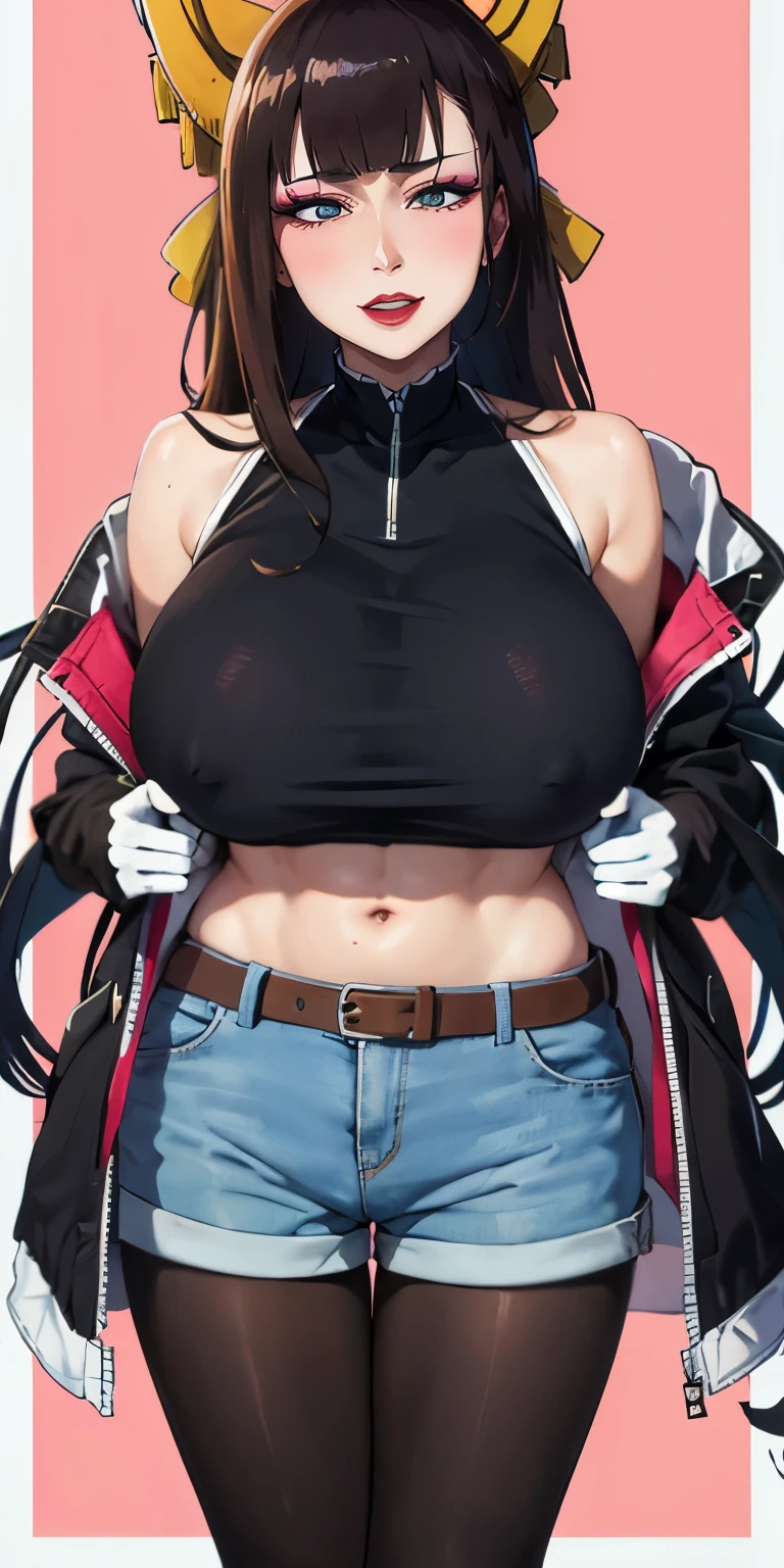 breasts, 1girl, gloves, white_gloves, jacket, shorts, solo, looking_at_viewer, blush, huge_breasts, black_legwear, bare_shoulders, white_border, pantyhose, belt, denim_shorts, blue_shorts, abs, bangs, pink_background, muscular_female, covered_nipples, thighs, denim, open_clothes, navel, outside_border, border, open_jacket, signature,
senjumaru shutara, long hair, bangs, blunt bangs, black hair, sidelocks, (black eyes:1.5), makeup, lipstick, red lipstick,
hollow eyes, yellow eyes, looking at viewer, sweating, heavy breathing, embarassed, blush face, long hair