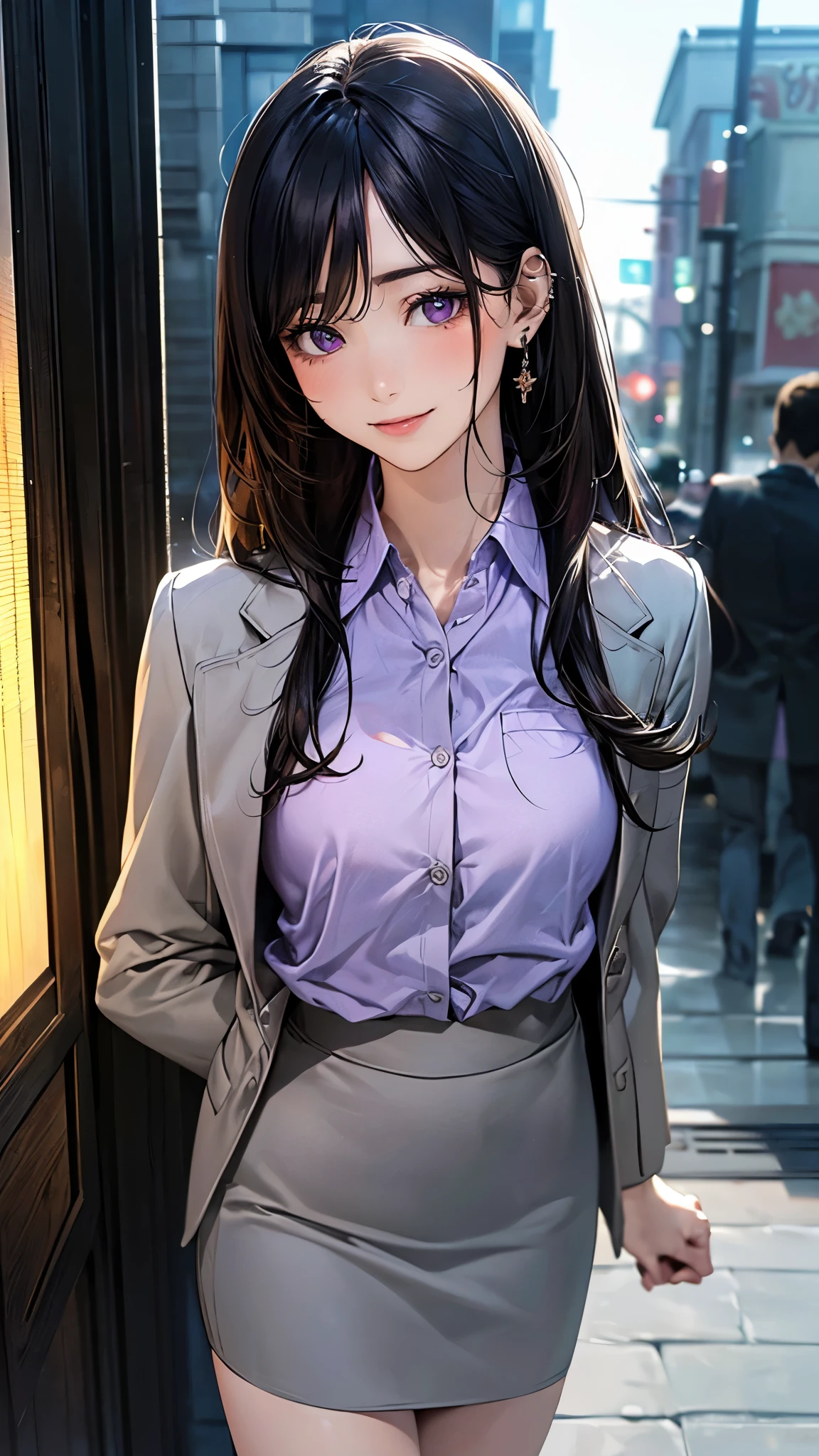 (masterpiece:1.2, top-quality), (realistic, photorealistic:1.4), beautiful illustration, (natural side lighting, movie lighting), 
looking at viewer, 1 girl, japanese, high school girl, perfect face, cute and symmetrical face, shiny skin, babyface, 
(long hair, straight hair, long sideburns, black hair), swept bangs, dark purple eyes, (middle breasts, seductive thighs), piercings, 
beautiful hair, beautiful face, beautiful detailed eyes, beautiful clavicle, beautiful body, beautiful chest, beautiful thigh, beautiful legs, beautiful fingers, 
(((grey business jacket, close clothes), light purple collared shirt, grey tight skirt)), 
(beautiful scenery), evening, (caffee shop), standing, (lovly smile, upper eyes), 