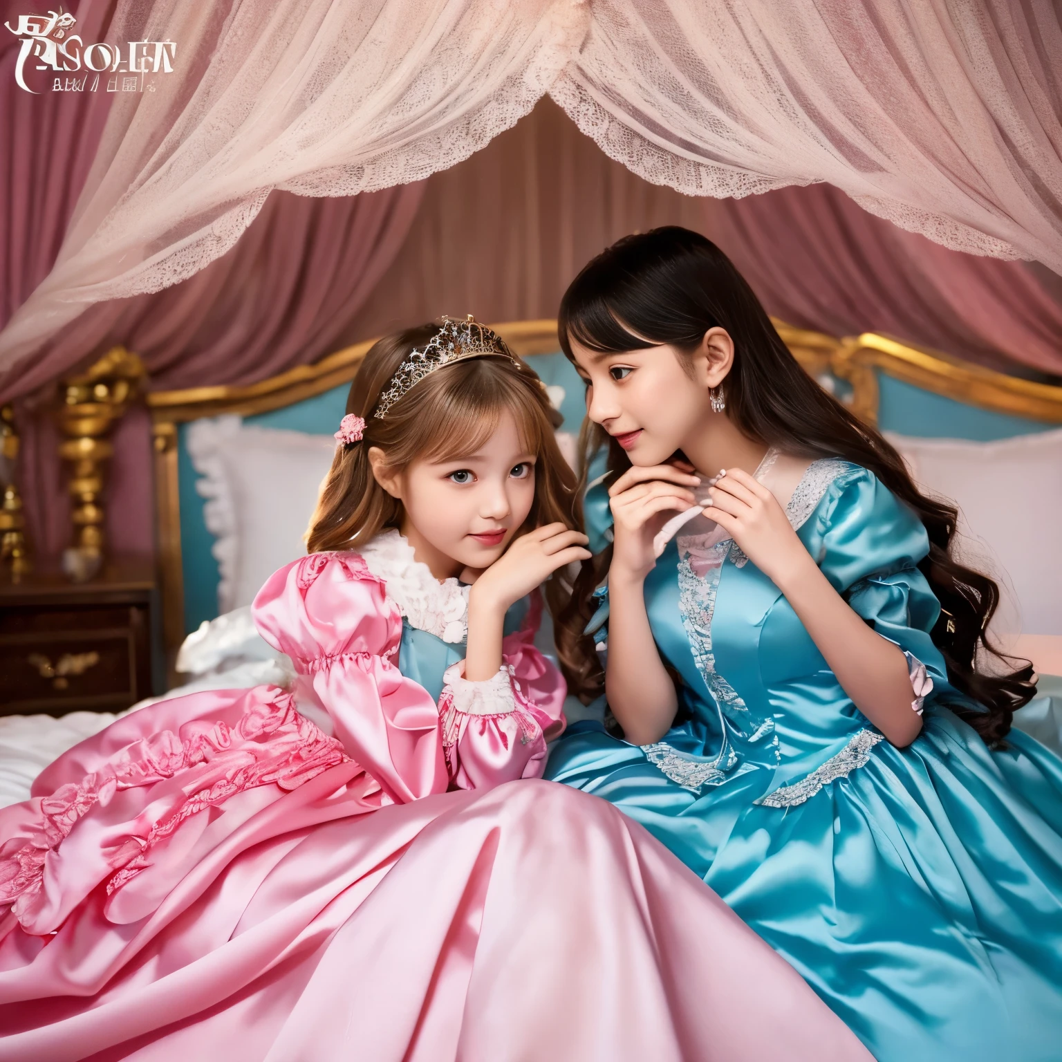 ,highest quality, masterpiece, highest resolution, artwork, super それにget used to it, many get used to it, get used to it, それにget used to it, 3K realistic photos,,((10 years old女の子)),Super detailed baby face,the two girls are princesses,Full length ball gown dress with hoop skirt,ruffled yoke collar,puff sleeves,long sleeve,((Lolita style hot pink detailed princess satin dress、Comes with lots of frills and ribbons。)),colorful rococo fashion,shiny satin dress,Soft and smooth fabric,luxury,long blonde hair,blue eyes,white skin european,pajamas,((inside the palace)),,,(( 10 years old)),Super detailed baby face,Full length ball gown dress with hoop skirt,long skirt,ruffled yoke collar,puff sleeves,腰まで伸びるlong blonde hair,blue eyes,white skin european,pajamas,((inside the palace bedroom)),シルクサテンのluxuryなcanopy bedの上,canopy bed,Luxurious curtains on both sides of the bed,many frilly pillows on the bed,super detailed background,Detailed bed,romantic atmosphere,two little princesses on the bed,Two people hugging each other,((((Both legs are hidden in the dress)))),the dress is spread out on the bed,soft silk satin comforter,soft silk satin ruffled pillow,Beautiful girl illustration,detailed beautiful face detailed hair,detailed human eye ,detailed mouth, arm details,fine hands,Detailed pillow,