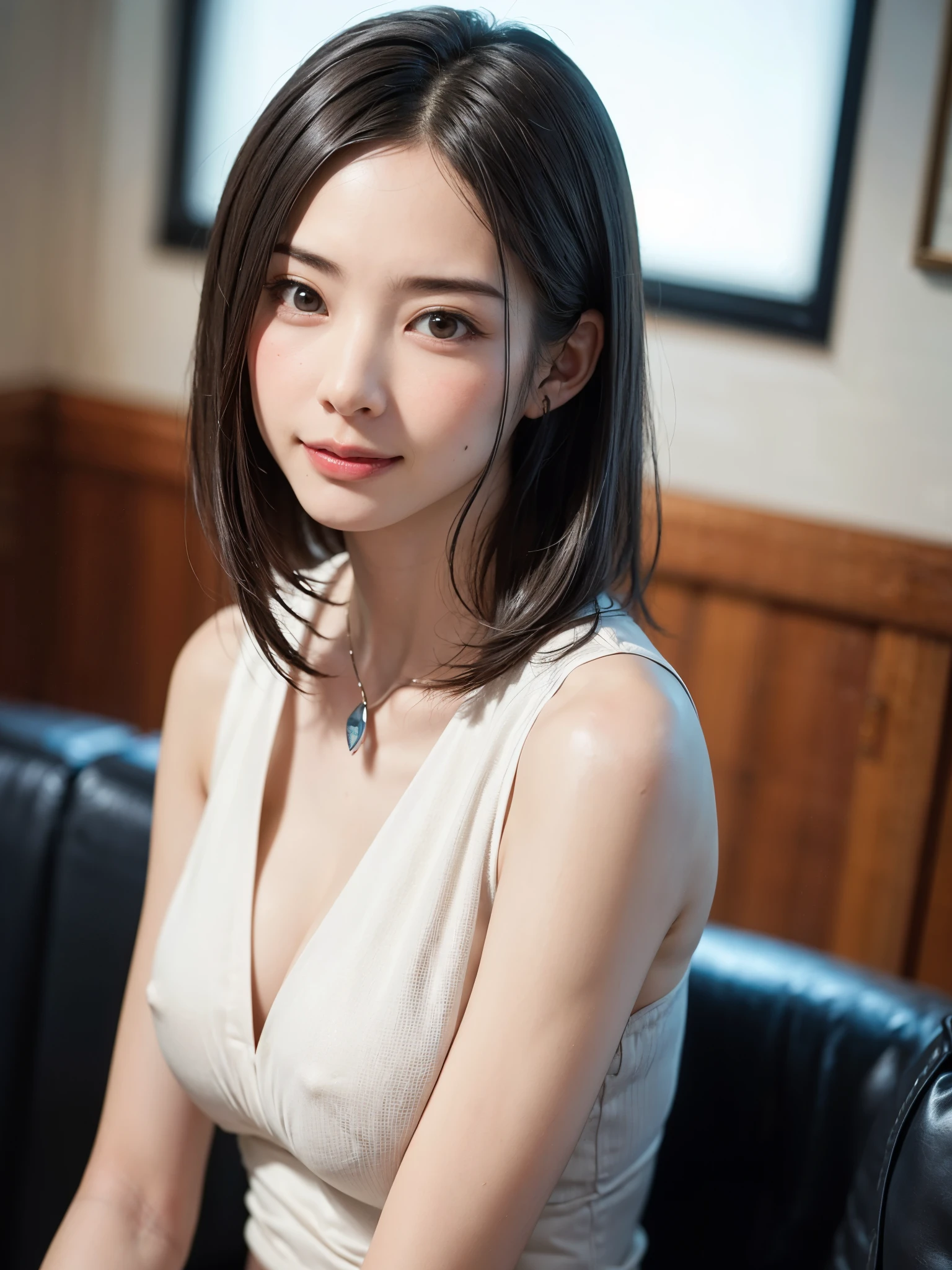 (table top, highest quality、high detail:1.4、very attractive beauty、Adds intense highlights to the eyes、look closely at the camera:1.4、Beautiful woman full of charm、ideal body proportions、perfect anatomy、brunette short bob hair、shiny hair、bangs:1.4、光沢のあるbangs:1.4、lip gloss),1 girl, Report, light brown shiny hair, scarf,realistic, looking at the viewer、Please tilt your head slightly, bright colored crystal light blue eyes, short and shiny hair、 chest中央に穴の開いた白いタートルネックの衣装,chestの真ん中に丸い穴のあるセクシーな白いタートルネック ニット セーター、 lips, lip gloss, Upper body、Big eyes、eyelash、face is a little red、embarrassing)、((italian road in winter))、((short hair with Big eyess、Give students very powerful highlights、{Huge|big|Hugeな|mega} chest:1.4、very bigger chest、look at the audience、very beautiful beauty、please show me your ears、long neck、smile a little、beautiful teeth、open your mouth and smile、heart shaped eyes))、28 years old、very cute super model、