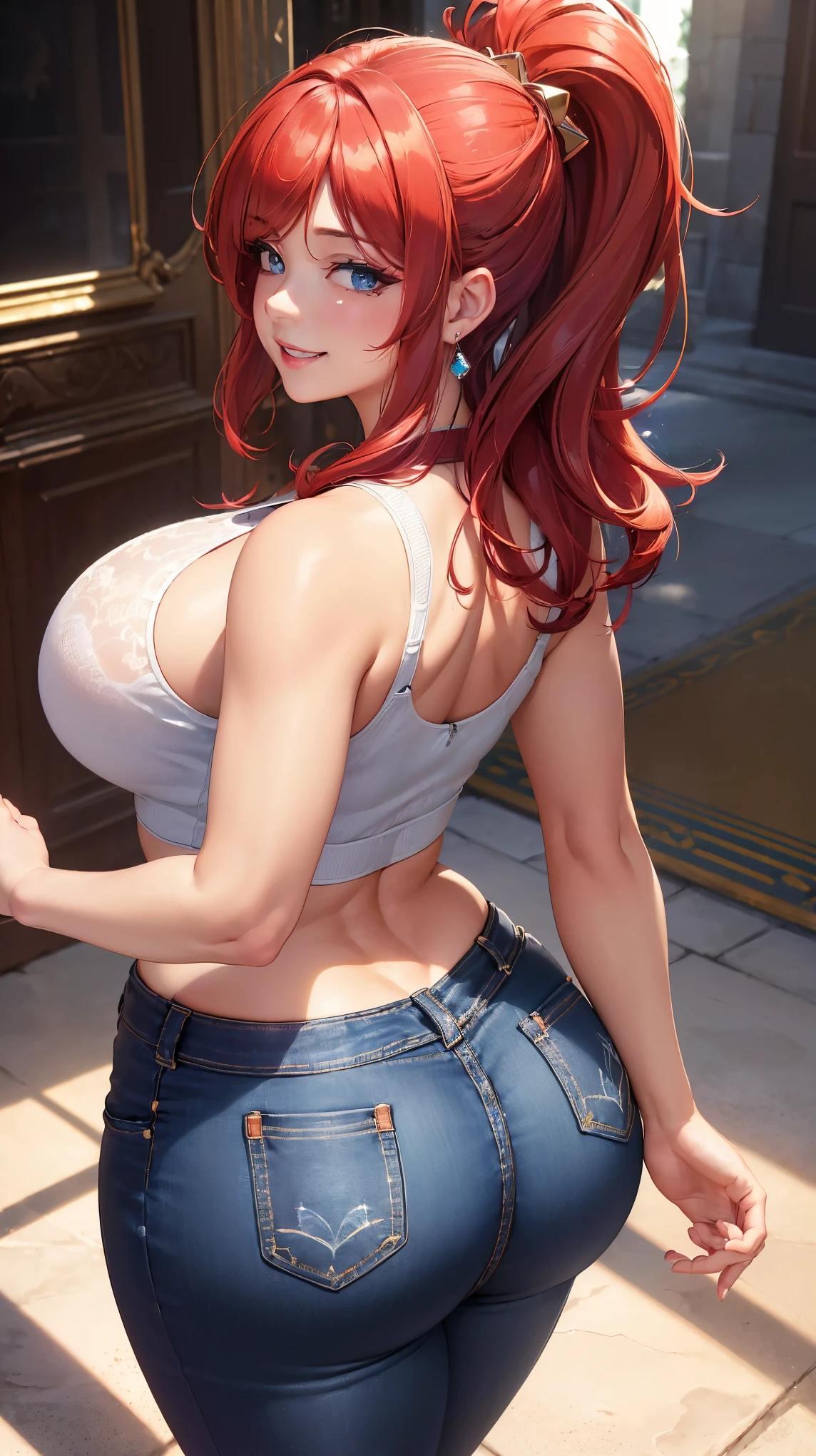  1 woman, (((((UHD))))), (((((masterpiece))))), ((((super detail)))), high details, ((((high quality)))), ((((best quality)))), (((highres))), ((((16k)))), ((Shadows)), ((bright red hair)), hair over shoulder, side swept bangs, (casual clothing), ((jeans)), (outside a park), (daytime), ((black crop top)), heart-shaped pupils, one eye closed, sparkling eyes, ((big beautiful light blue eyes)), crystal earrings, grin, bright pupils, (evil smile), natural lips, light blush, cheek-to-cheek, sparkle, god rays, backlighting, reflection light, bloom, dutch angle, perspective, from above, from behind, beautiful ass,  ((fat ass)), ((defined jawline))