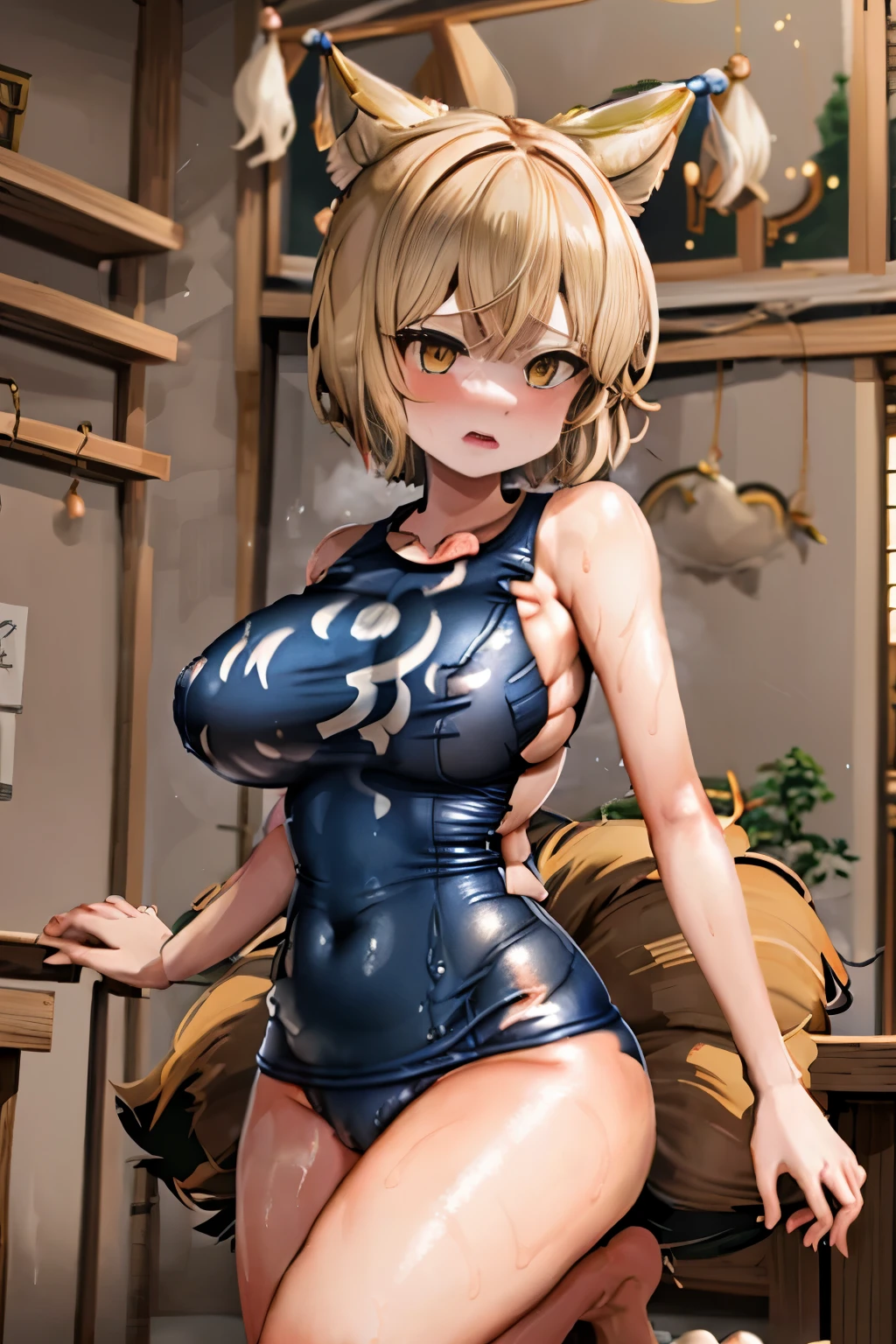 1girl, yakumo ran, blonde hair, fox tail, tabard, short hair, yellow eyes, multiple tails, bangs,anime, (Sukesuke School Swimsuit),full body,bed room,(big breasts,sweaty,Completely naked,nipple,legs open)