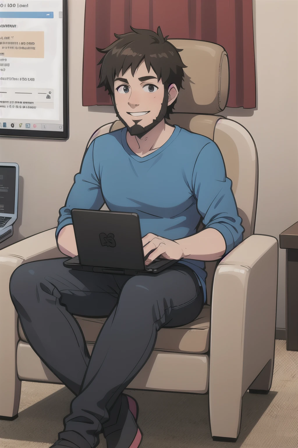 male web developer with goatee beard and dark-brown hair, sitting with a laptop and coding, in a comfy chair, with a smile