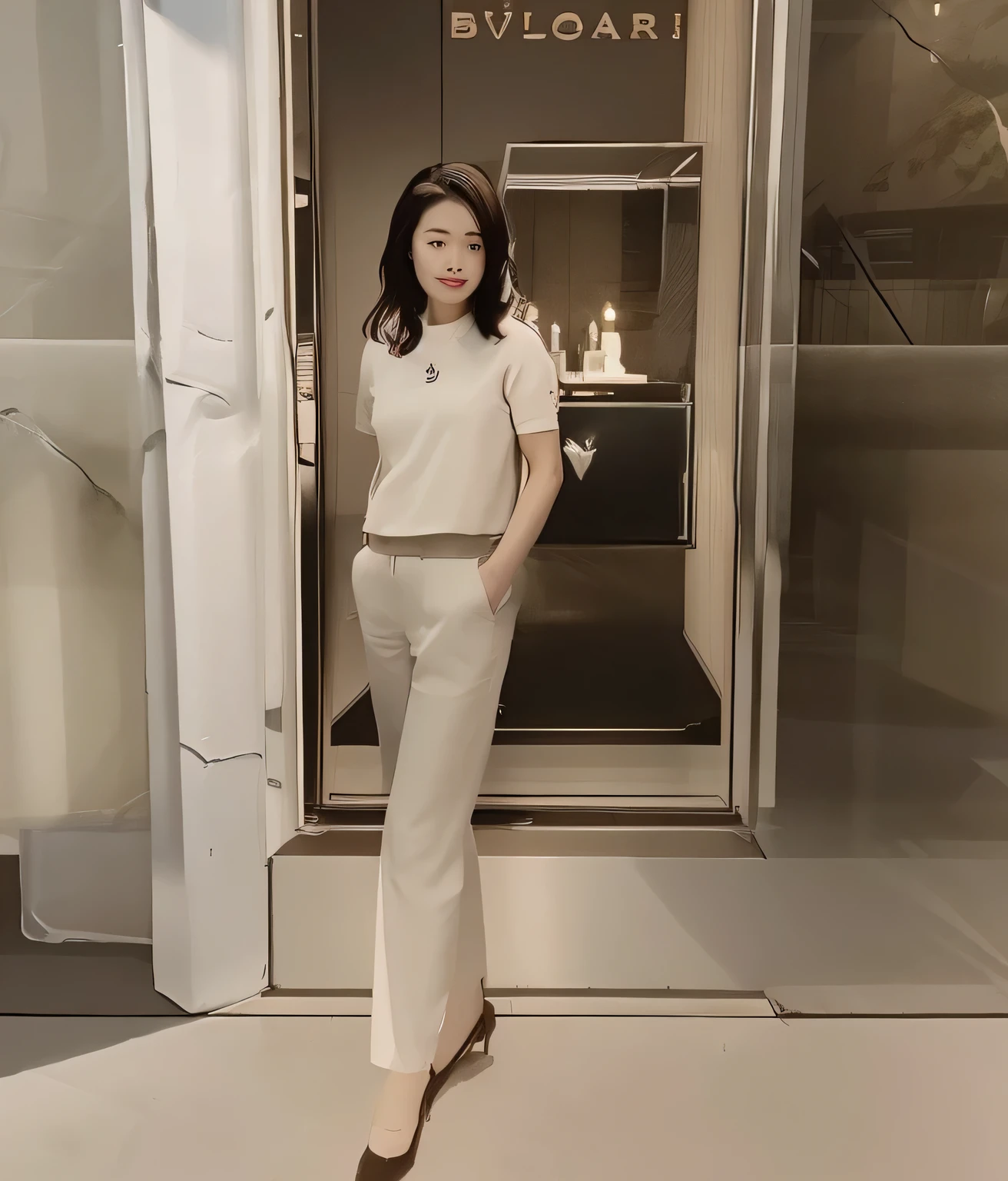 40-year-old Chinese woman stands in front of a store with glass door,Tsai Chongxin style, elegant appearance, miss, Wear elegant clothes, fan favorite,