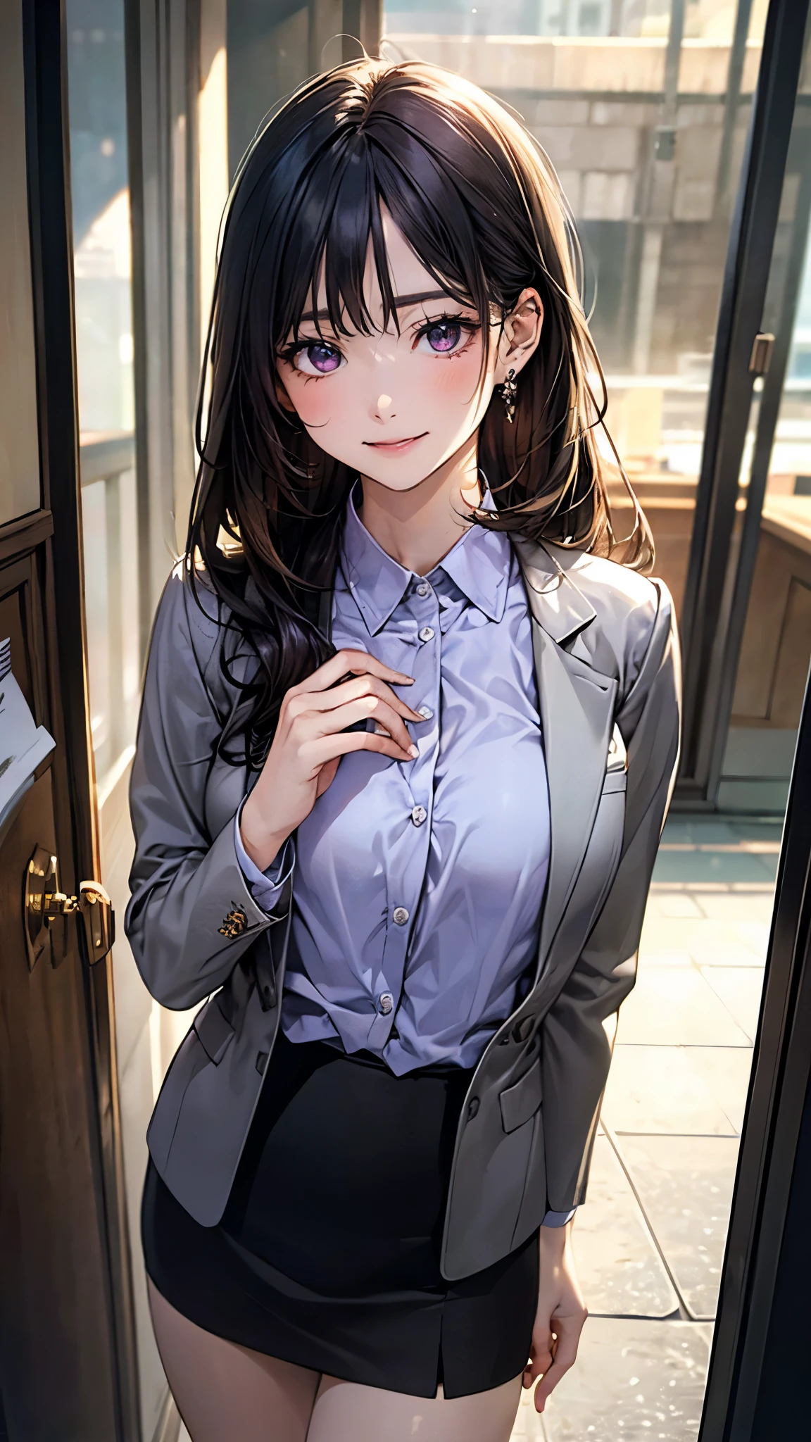 (masterpiece:1.2, top-quality), (realistic, photorealistic:1.4), beautiful illustration, (natural side lighting, movie lighting),
looking at viewer, 1 girl, japanese, , perfect face, perfect body, cute and symmetrical face, shiny skin, babyface,
(long hair, straight hair, long sideburns, black hair), swept bangs, dark purple eyes, (middle breasts, seductive thighs), piercings,
beautiful hair, beautiful face, beautiful detailed eyes, beautiful clavicle, beautiful body, beautiful chest, beautiful thigh, beautiful legs, beautiful fingers,
(((grey business jacket, close clothes), light purple collared shirt, grey tight skirt), engagement ring),
(beautiful scenery), evening, (caffee shop), standing, (lovly smile, upper eyes),