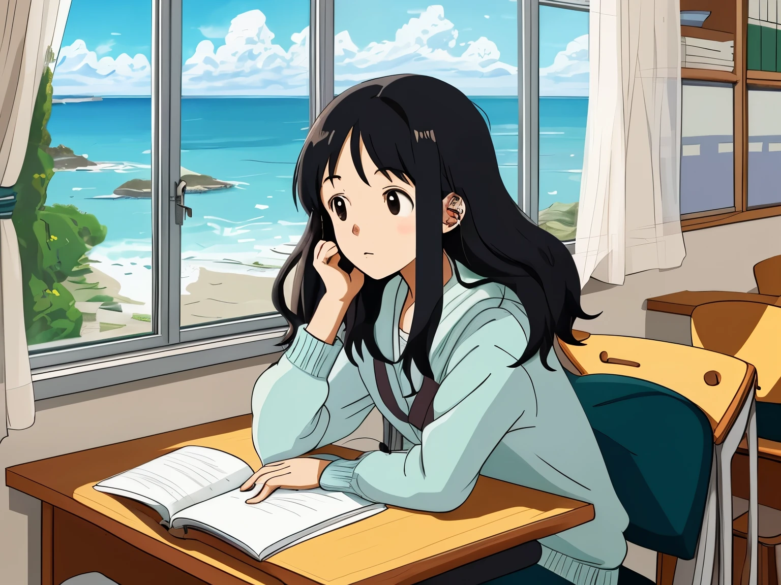 Ghibli style illustration　A girl is studying while wearing earphones at the study desk　The ocean can be seen from the open window in front of my desk.　The wind is blowing and the curtains are swaying